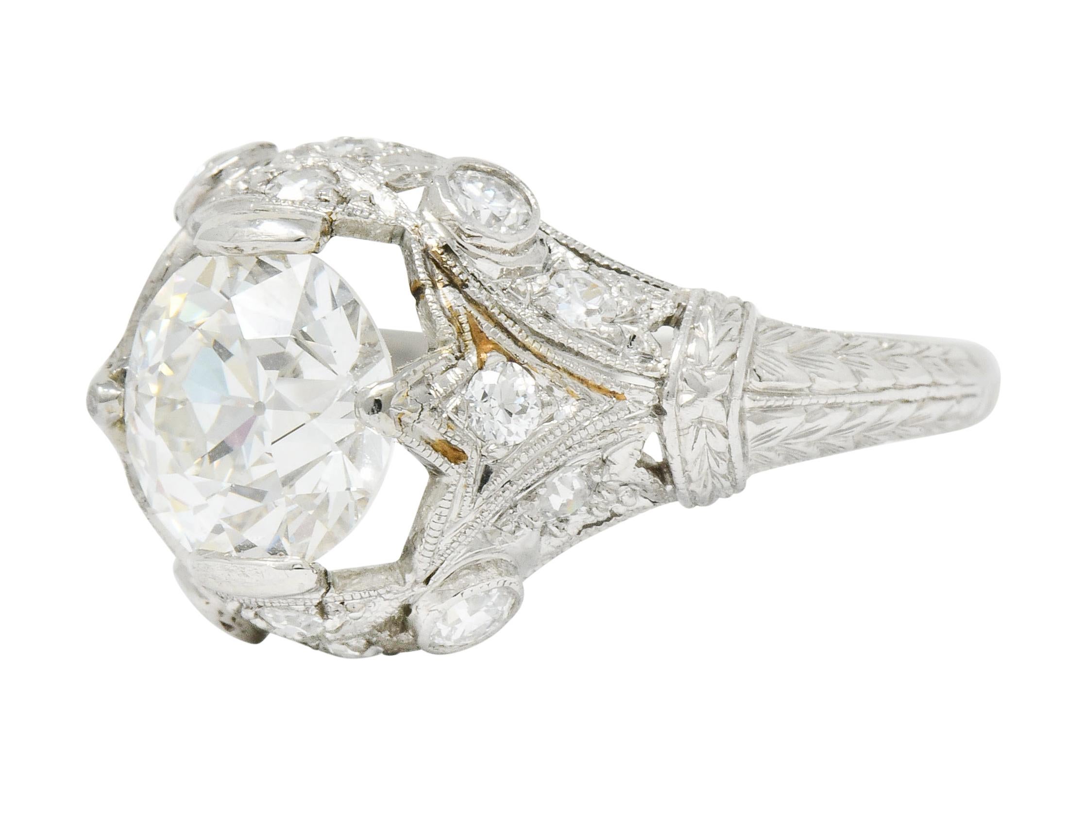 Art Deco 2.71 Carat Diamond Platinum Foliate Engagement Ring GIA 1