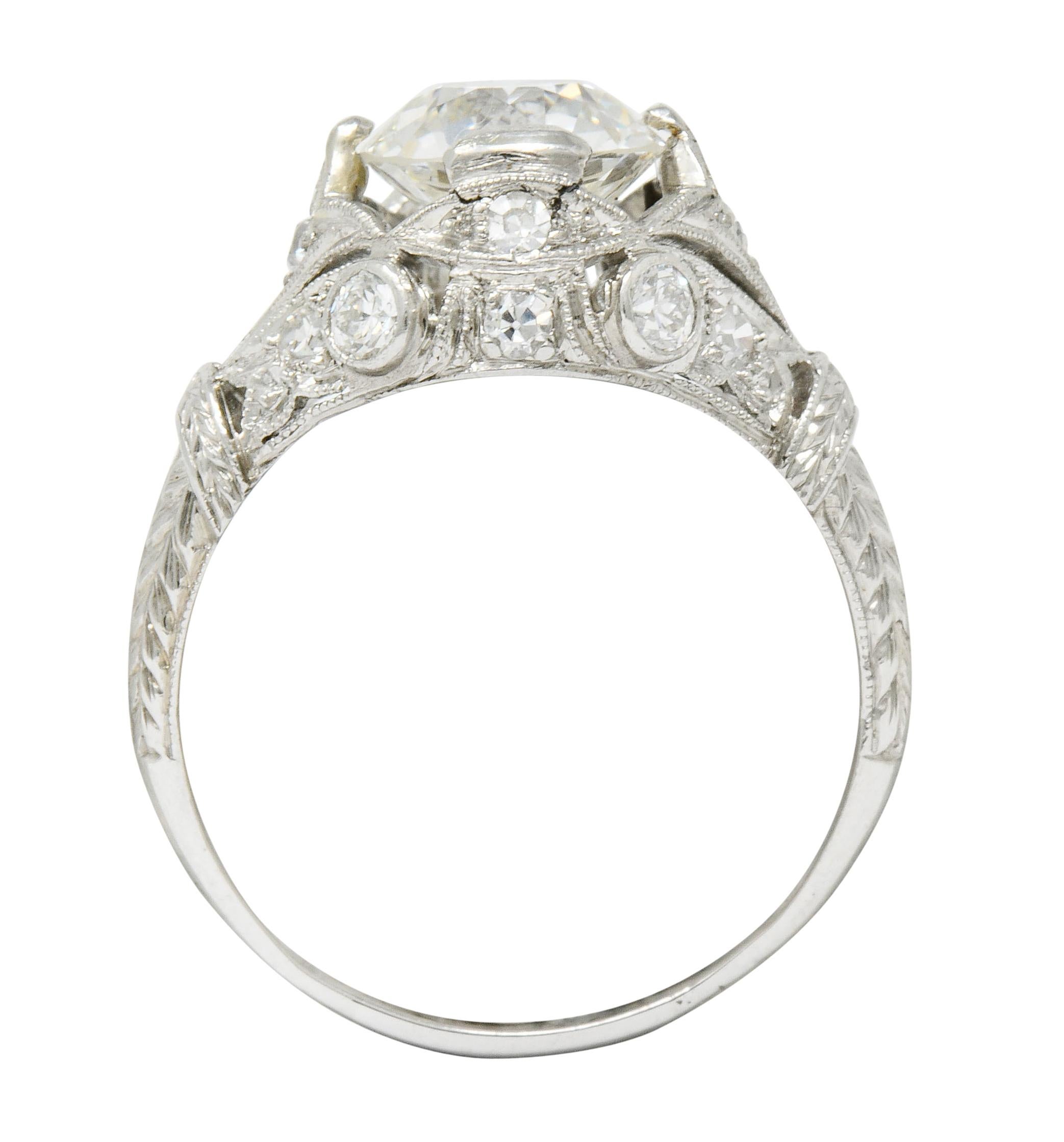 Art Deco 2.71 Carat Diamond Platinum Foliate Engagement Ring GIA 2