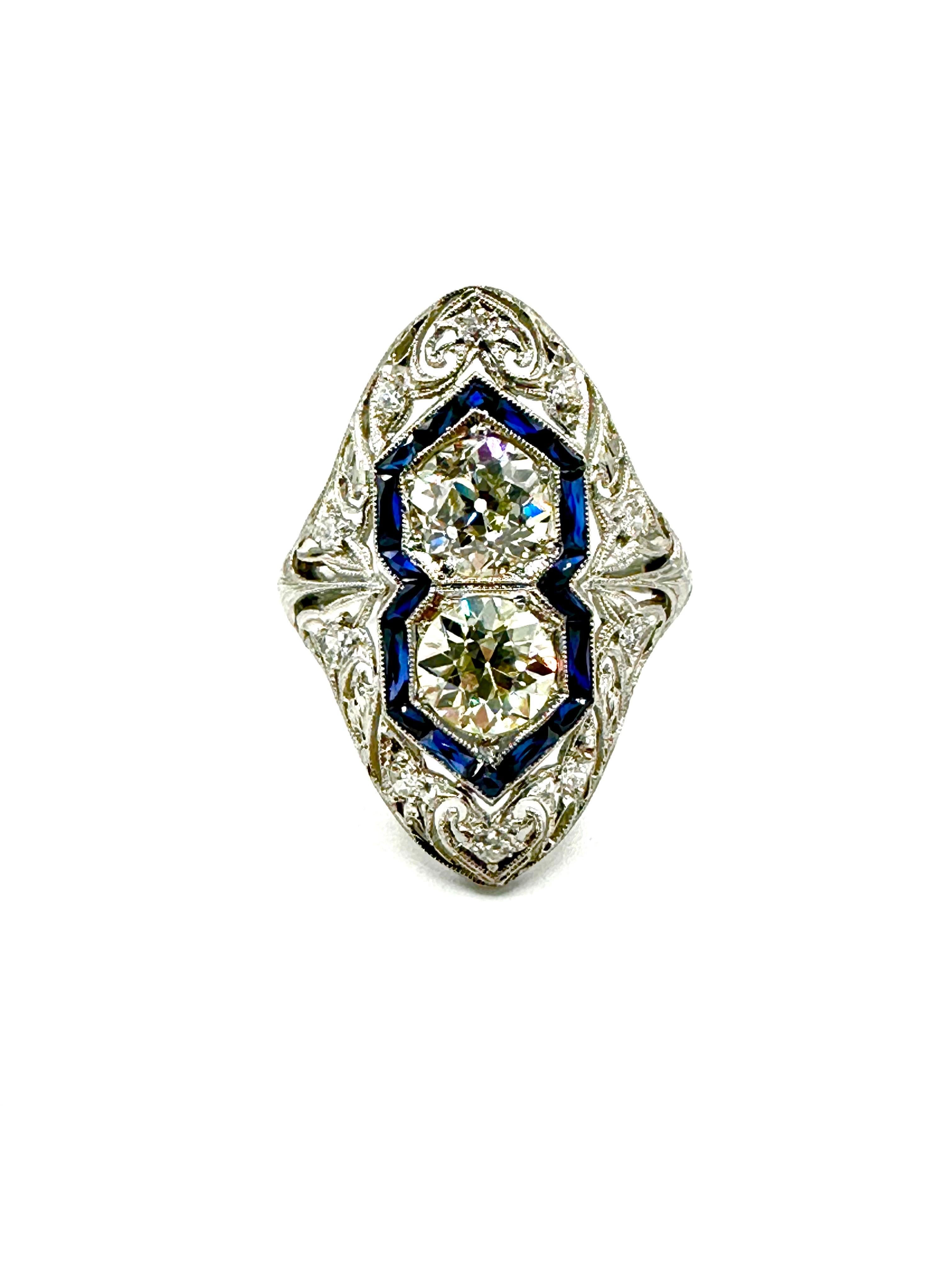 Art Deco 2.74 Carat Old European Cut Diamond and Sapphire Platinum Ring In Excellent Condition For Sale In Chevy Chase, MD