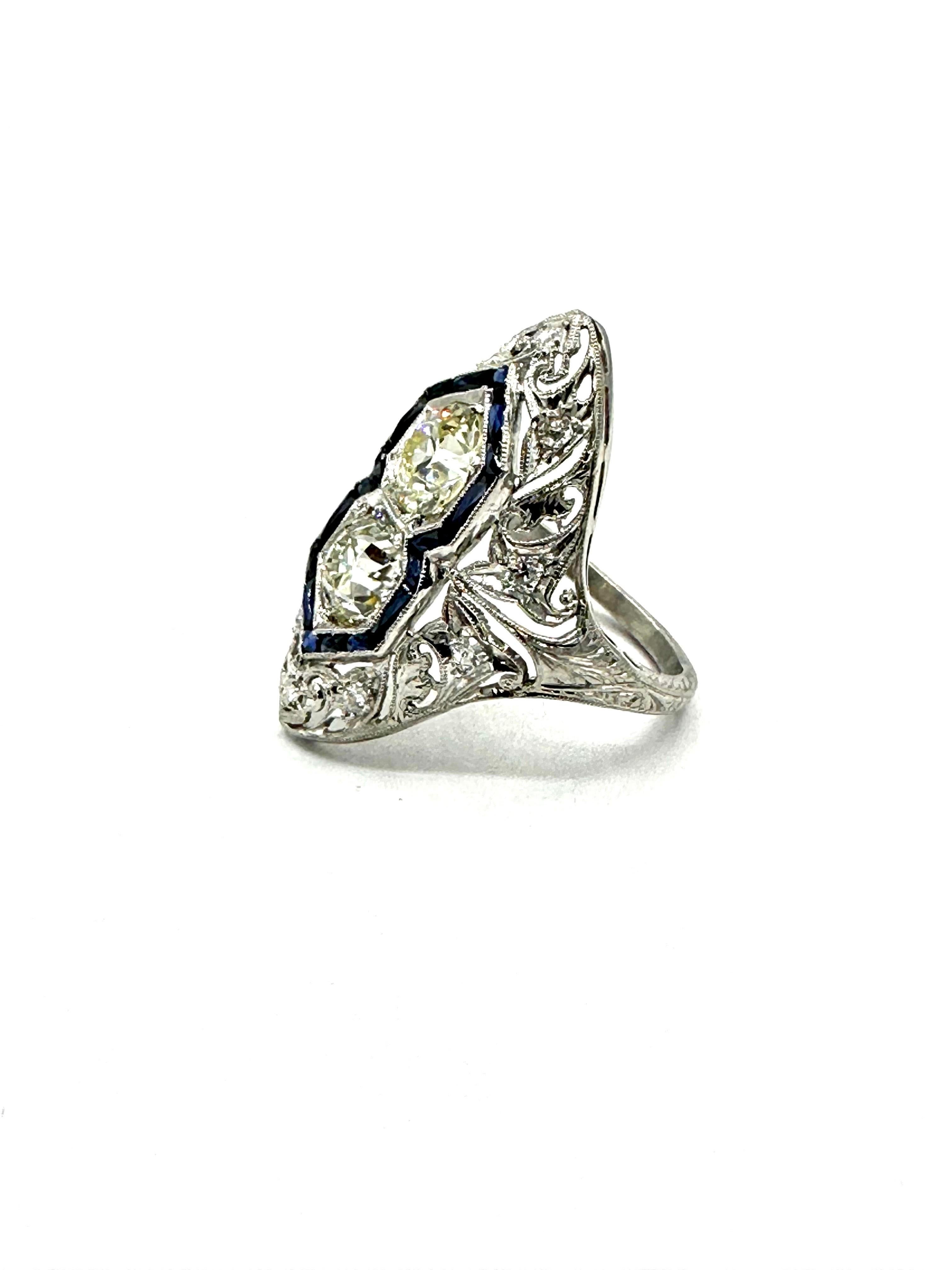 Art Deco 2.74 Carat Old European Cut Diamond and Sapphire Platinum Ring For Sale 1