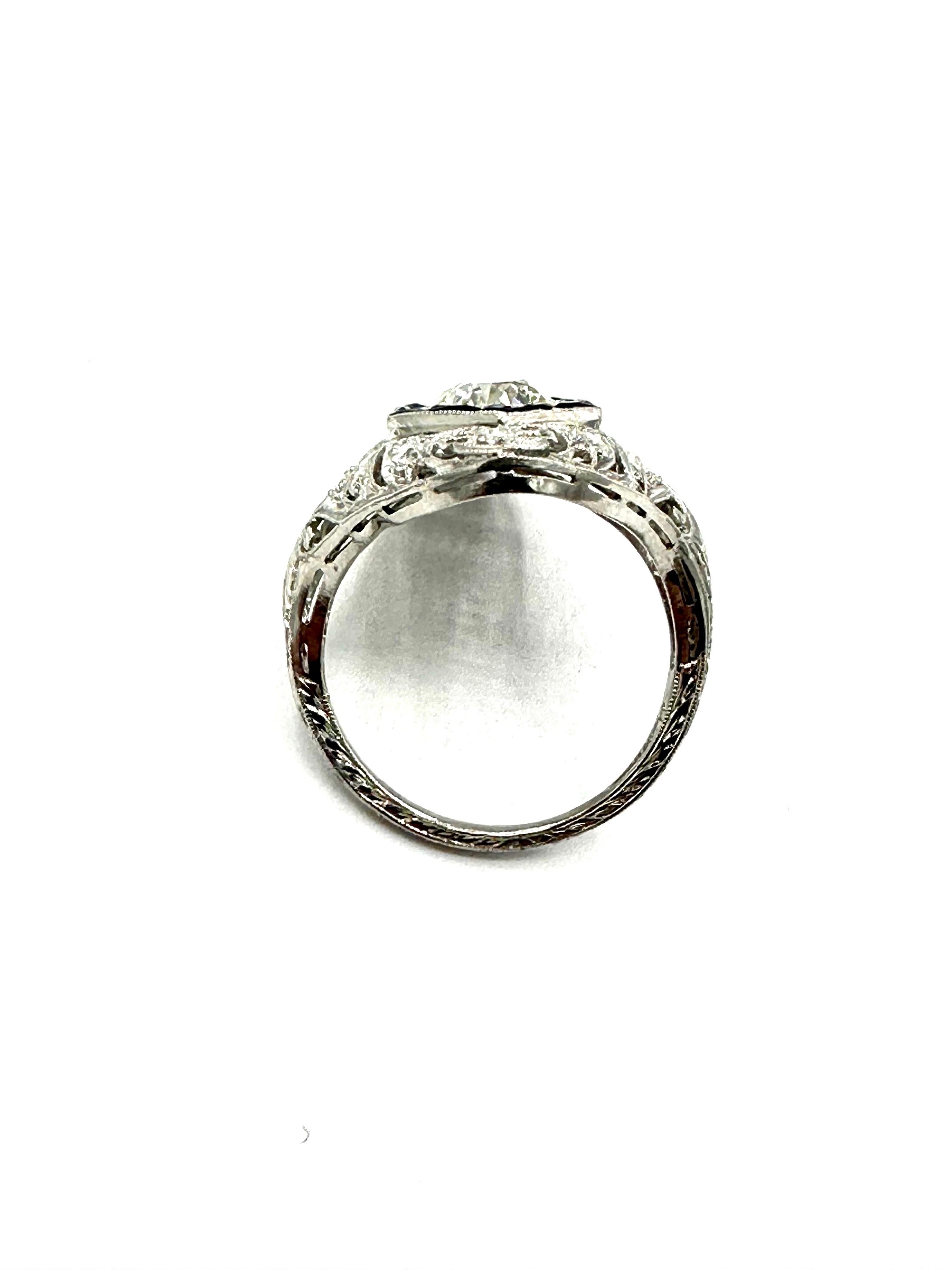 Art Deco 2.74 Carat Old European Cut Diamond and Sapphire Platinum Ring For Sale 3