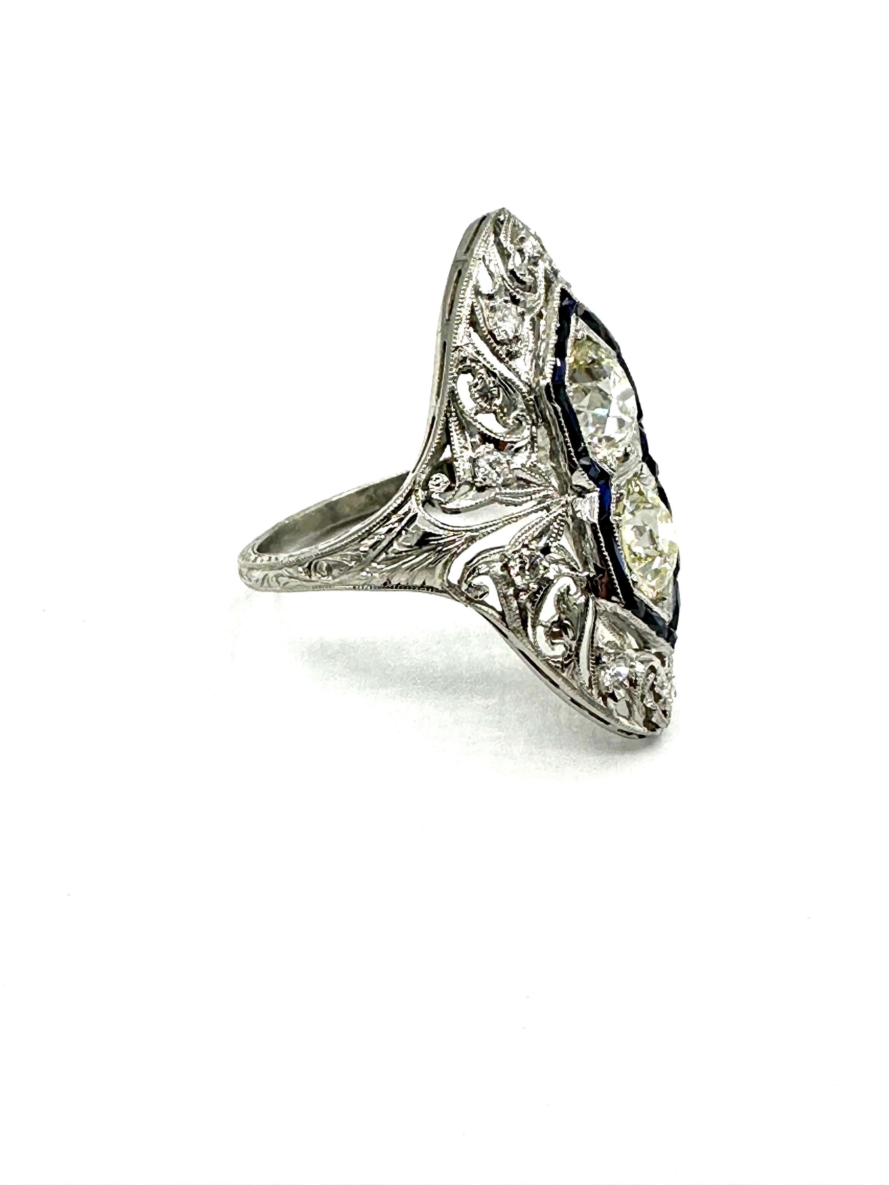 Art Deco 2.74 Carat Old European Cut Diamond and Sapphire Platinum Ring For Sale 4