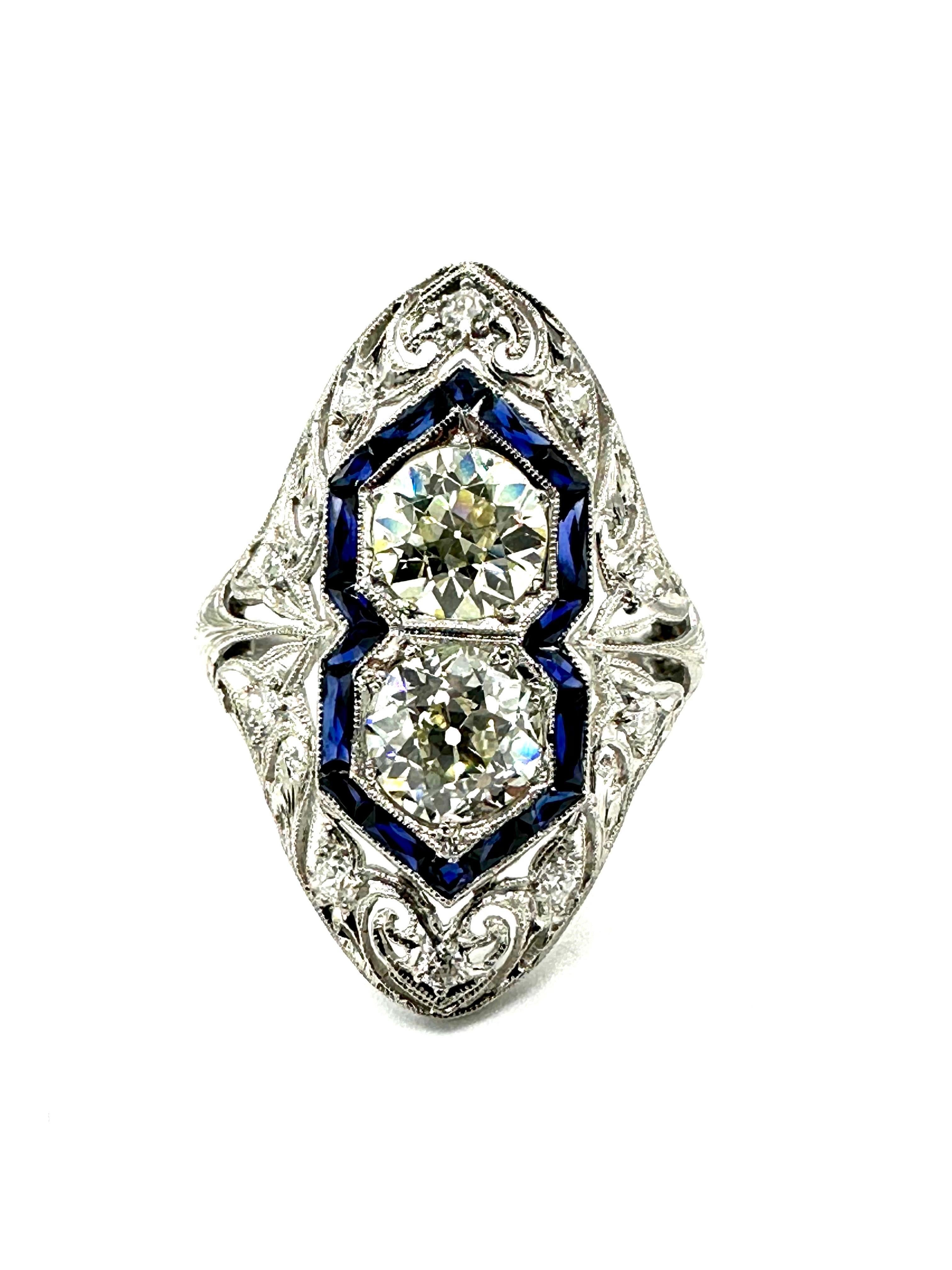 Art Deco 2.74 Carat Old European Cut Diamond and Sapphire Platinum Ring For Sale 5