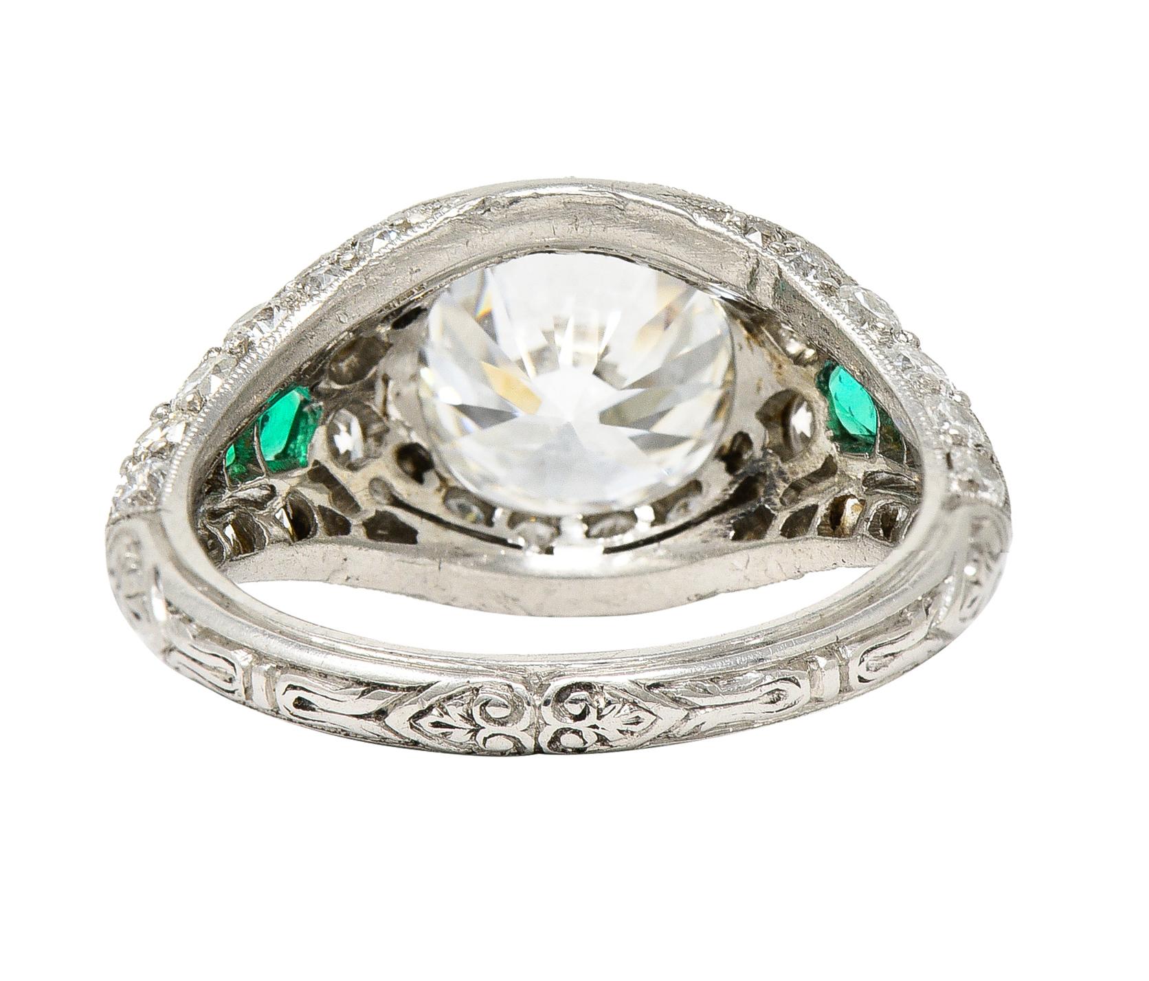 Art Deco 2.74 CTW Old European Cut Diamond Emerald Platinum Engagement Ring 1