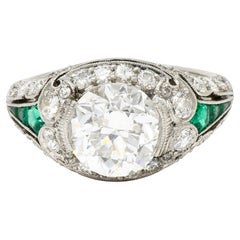 Art Deco 2.74 CTW Old European Cut Diamond Emerald Platinum Engagement Ring