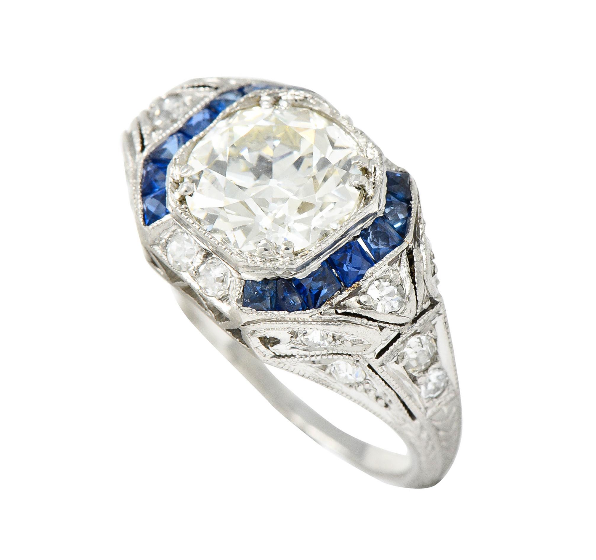 Art Deco 2.75 Carats Diamond Sapphire Platinum Octagonal Ring GIA, Circa 1930 6