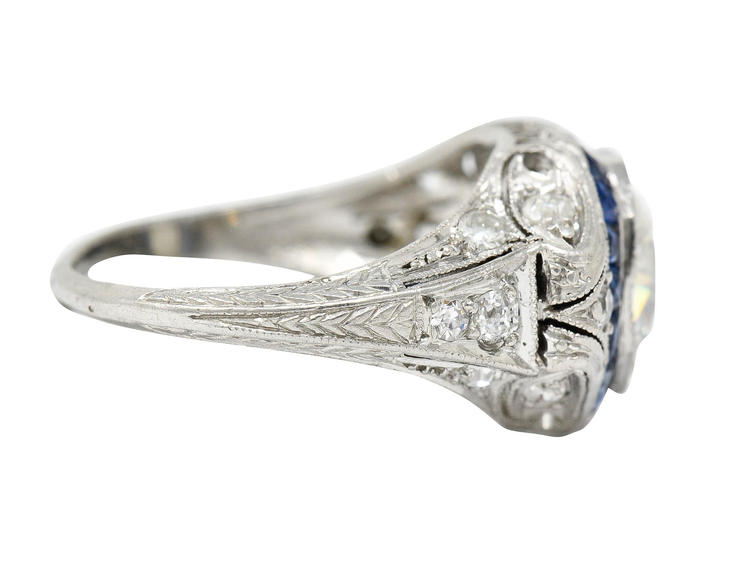 Old European Cut Art Deco 2.75 Carats Diamond Sapphire Platinum Octagonal Ring GIA, Circa 1930