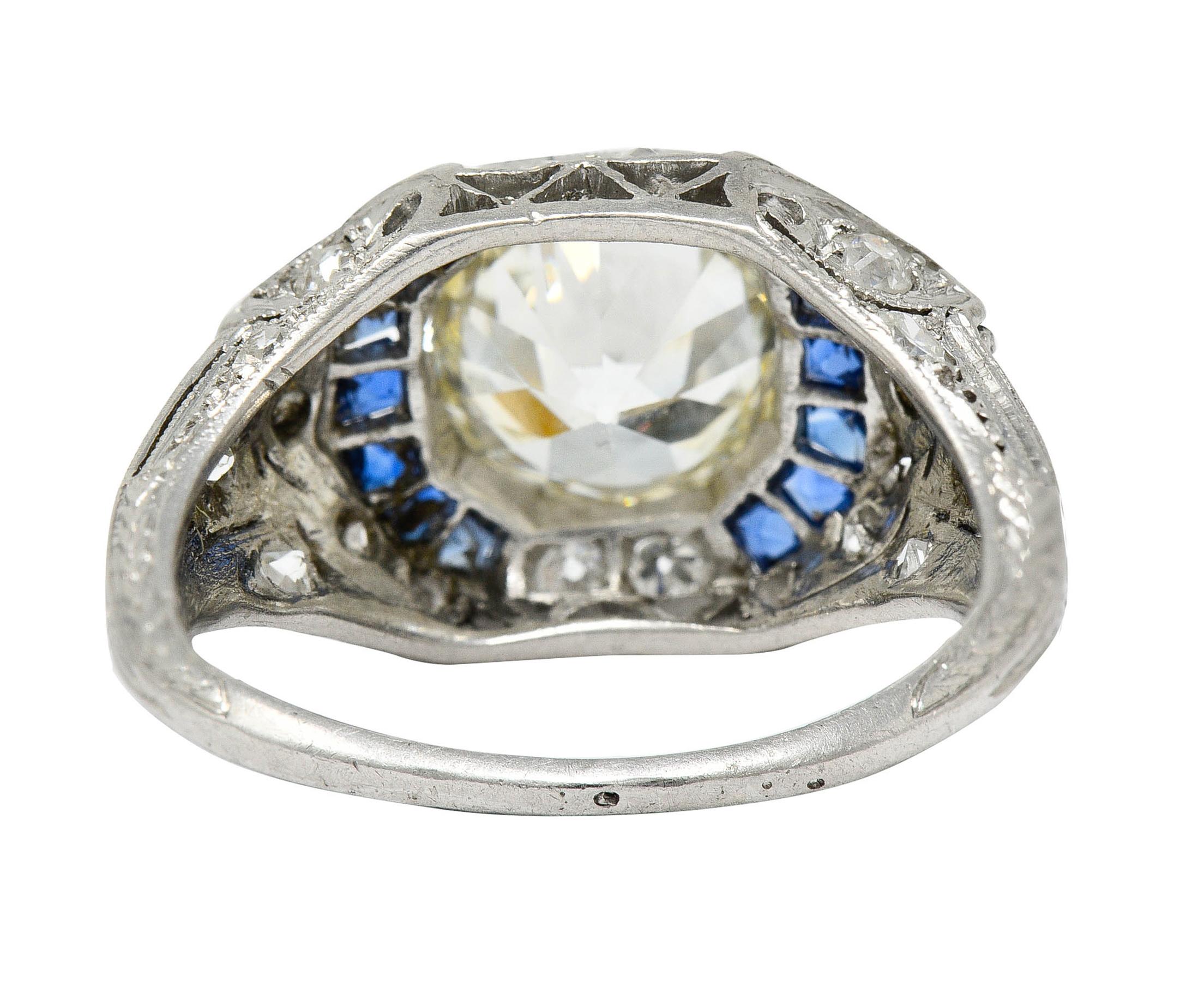 Art Deco 2.75 Carats Diamond Sapphire Platinum Octagonal Ring GIA, Circa 1930 In Excellent Condition In Philadelphia, PA