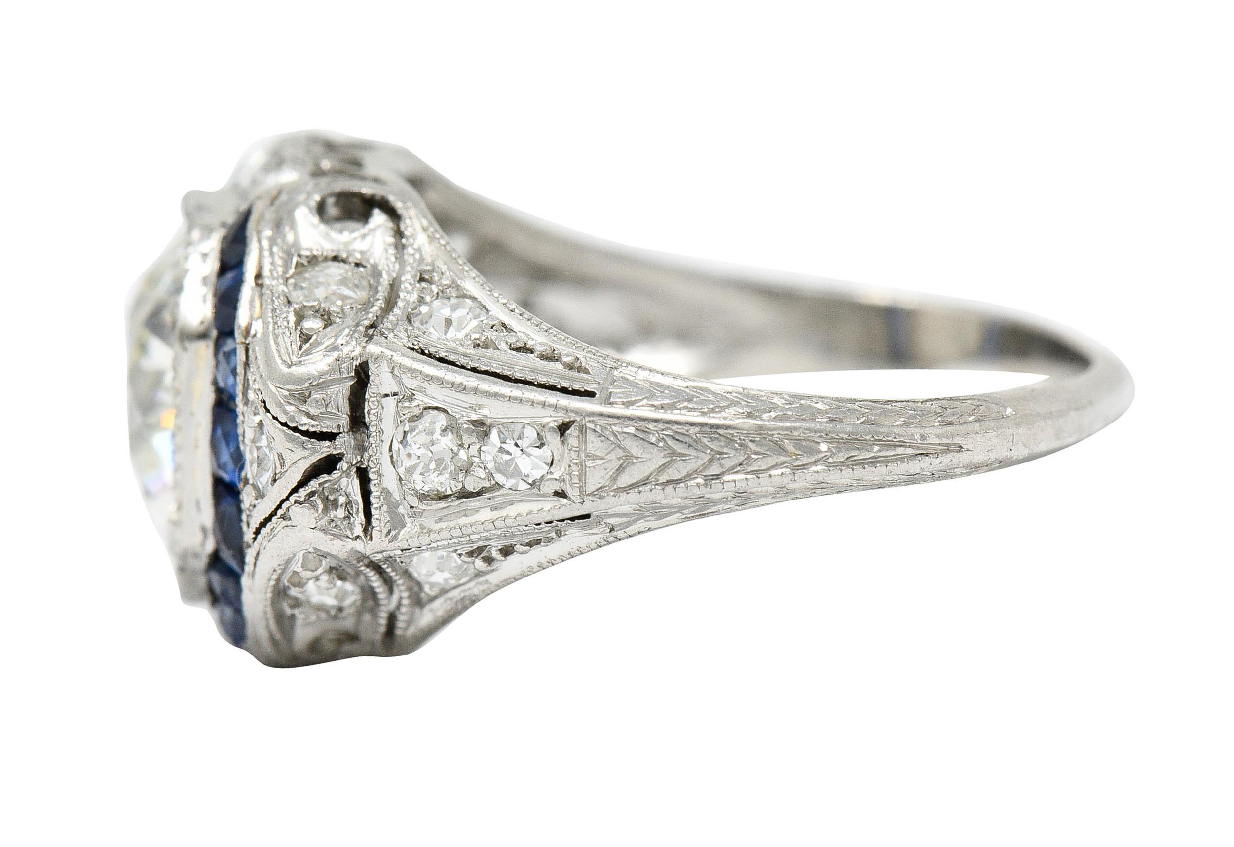 Women's or Men's Art Deco 2.75 Carats Diamond Sapphire Platinum Octagonal Ring GIA, Circa 1930