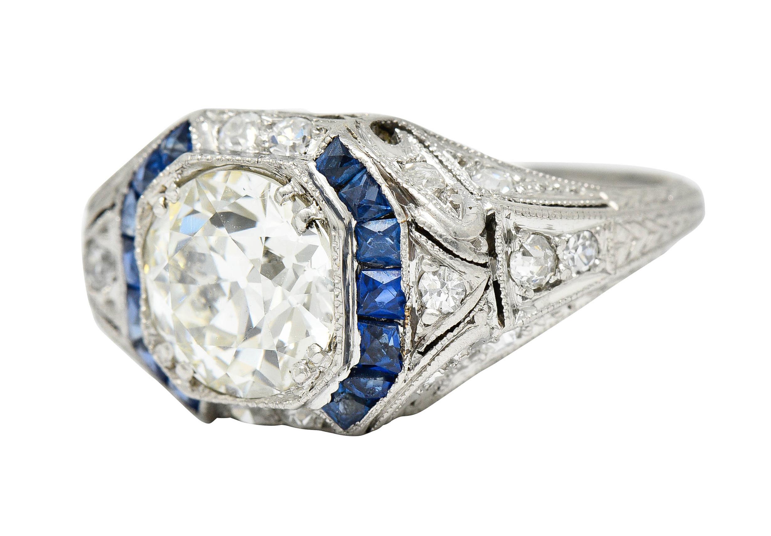 Art Deco 2.75 Carats Diamond Sapphire Platinum Octagonal Ring GIA, Circa 1930 1