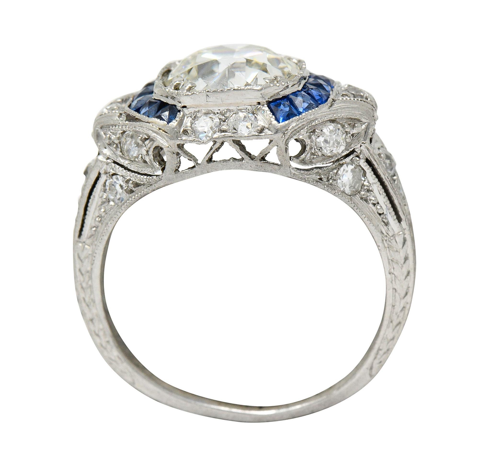 Art Deco 2.75 Carats Diamond Sapphire Platinum Octagonal Ring GIA, Circa 1930 2