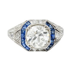 Art Deco 2.75 Carats Diamond Sapphire Platinum Octagonal Ring GIA, Circa 1930