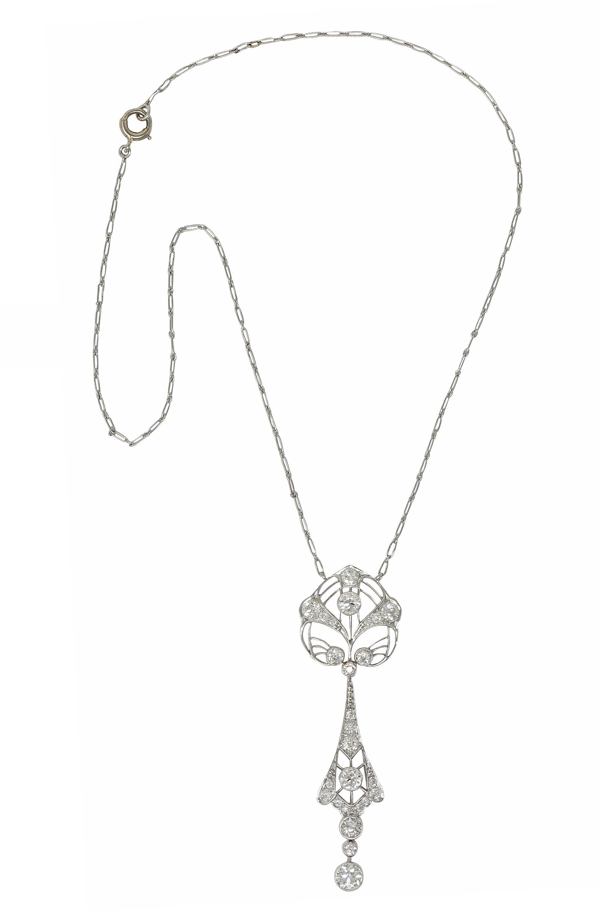 Round Cut Art Deco 2.75 CTW Diamond Platinum Vintage Openwork Drop Necklace