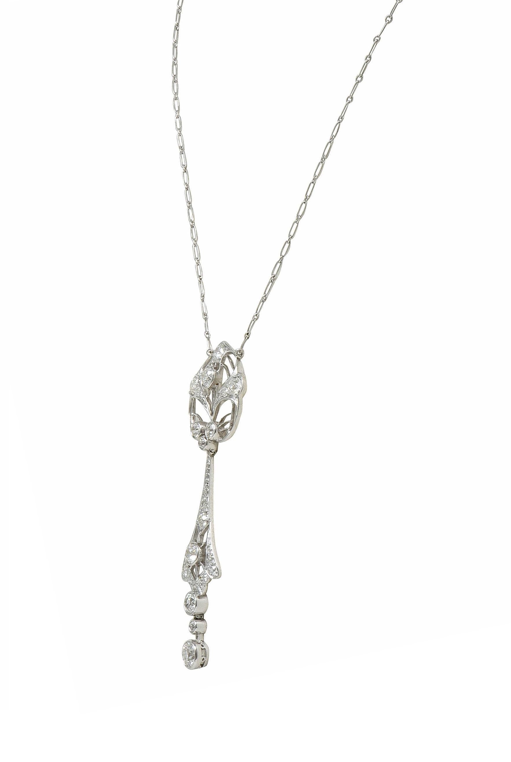 Art Deco 2.75 CTW Diamond Platinum Vintage Openwork Drop Necklace In Excellent Condition In Philadelphia, PA