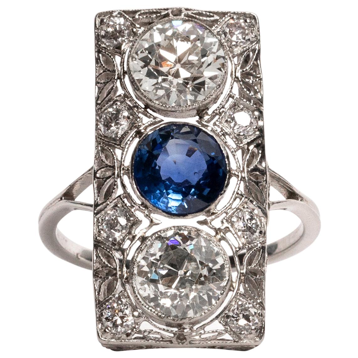 Art Deco 2.76 Carat European Cut Diamond Blue Sapphire Platinum Filigree Ring