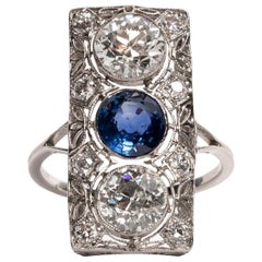 Antique Art Deco 2.76 Carat European Cut Diamond Blue Sapphire Platinum Filigree Ring