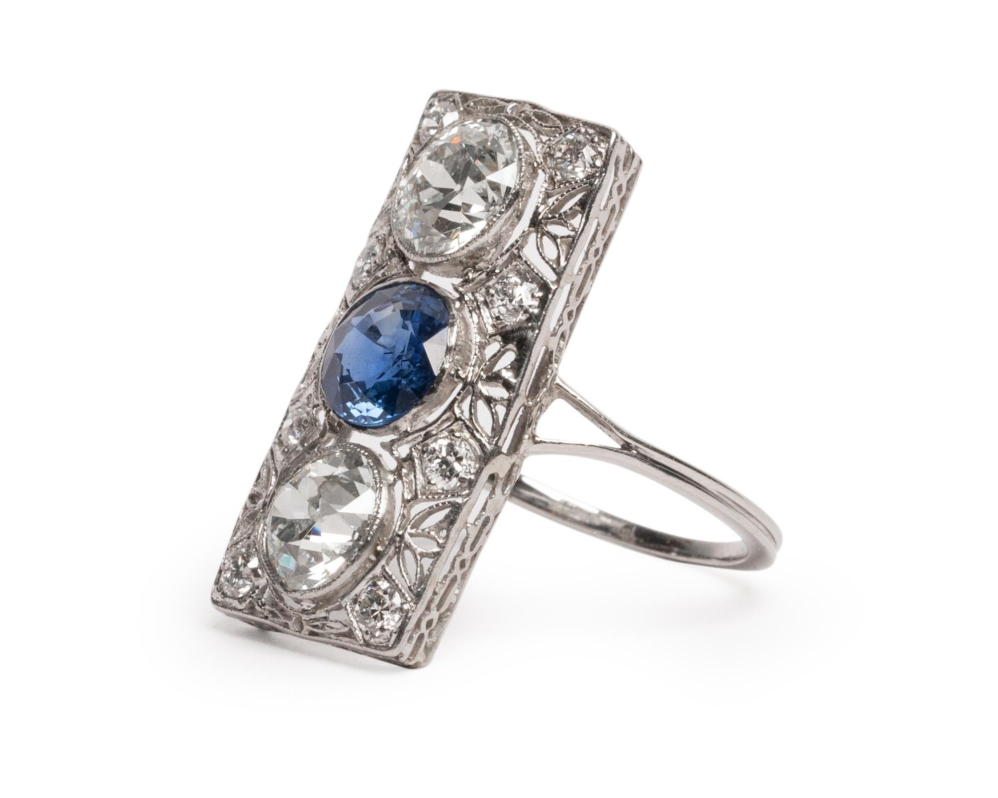 Old European Cut Art Deco 2.76 Carat European Cut Diamond Blue Sapphire Platinum Filigree Ring