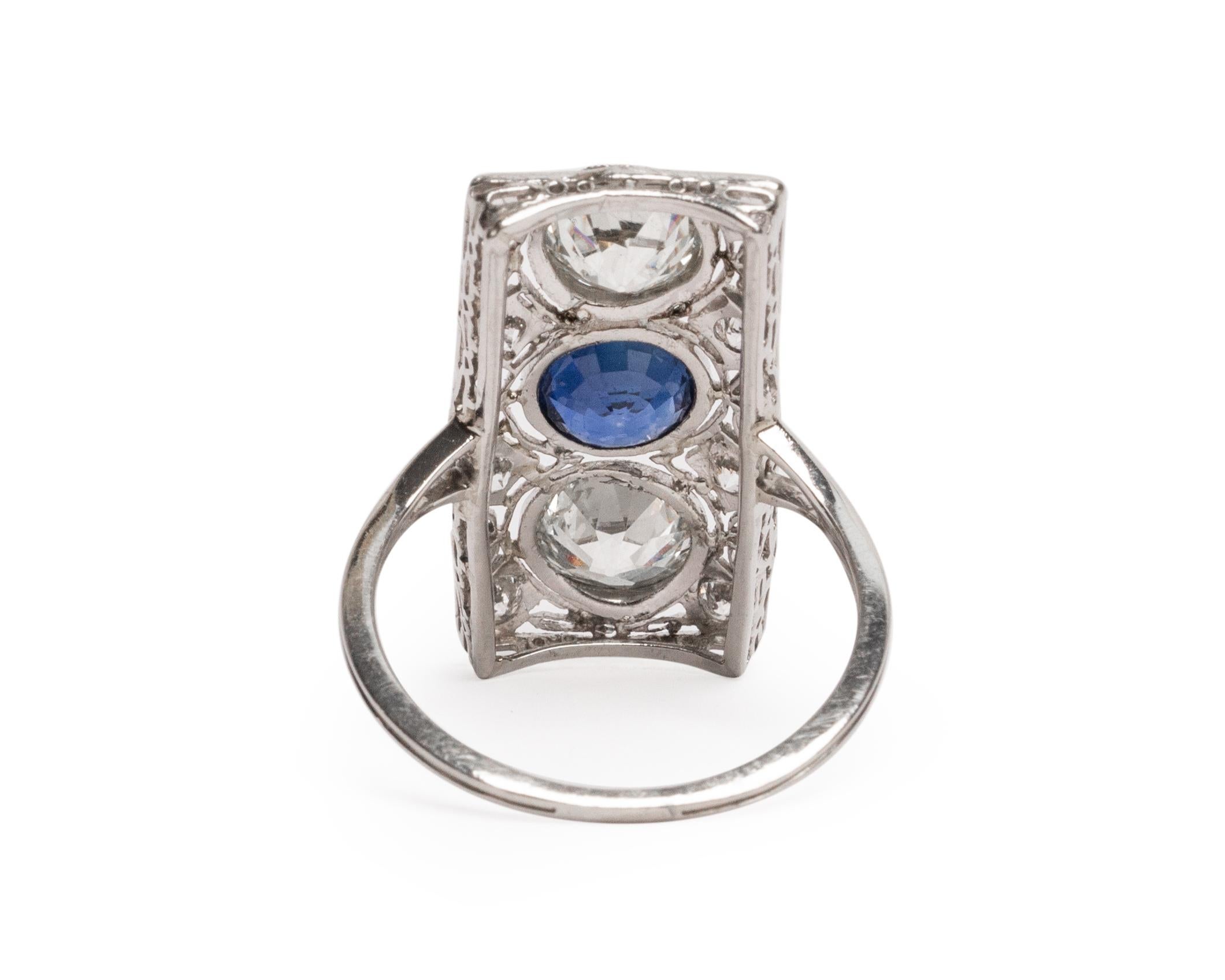 Art Deco 2.76 Carat European Cut Diamond Blue Sapphire Platinum Filigree Ring In Good Condition In Addison, TX