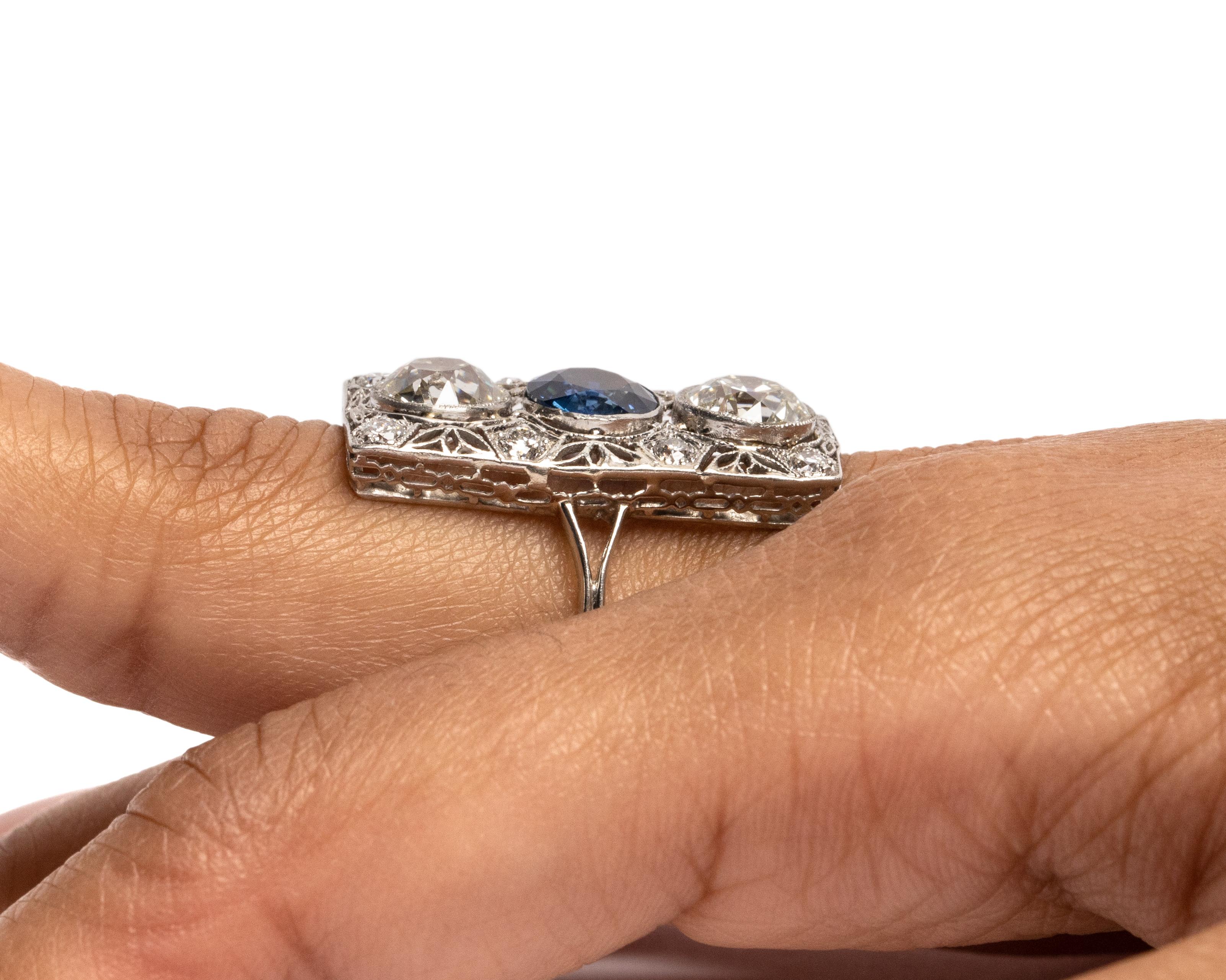 Art Deco 2.76 Carat European Cut Diamond Blue Sapphire Platinum Filigree Ring 1