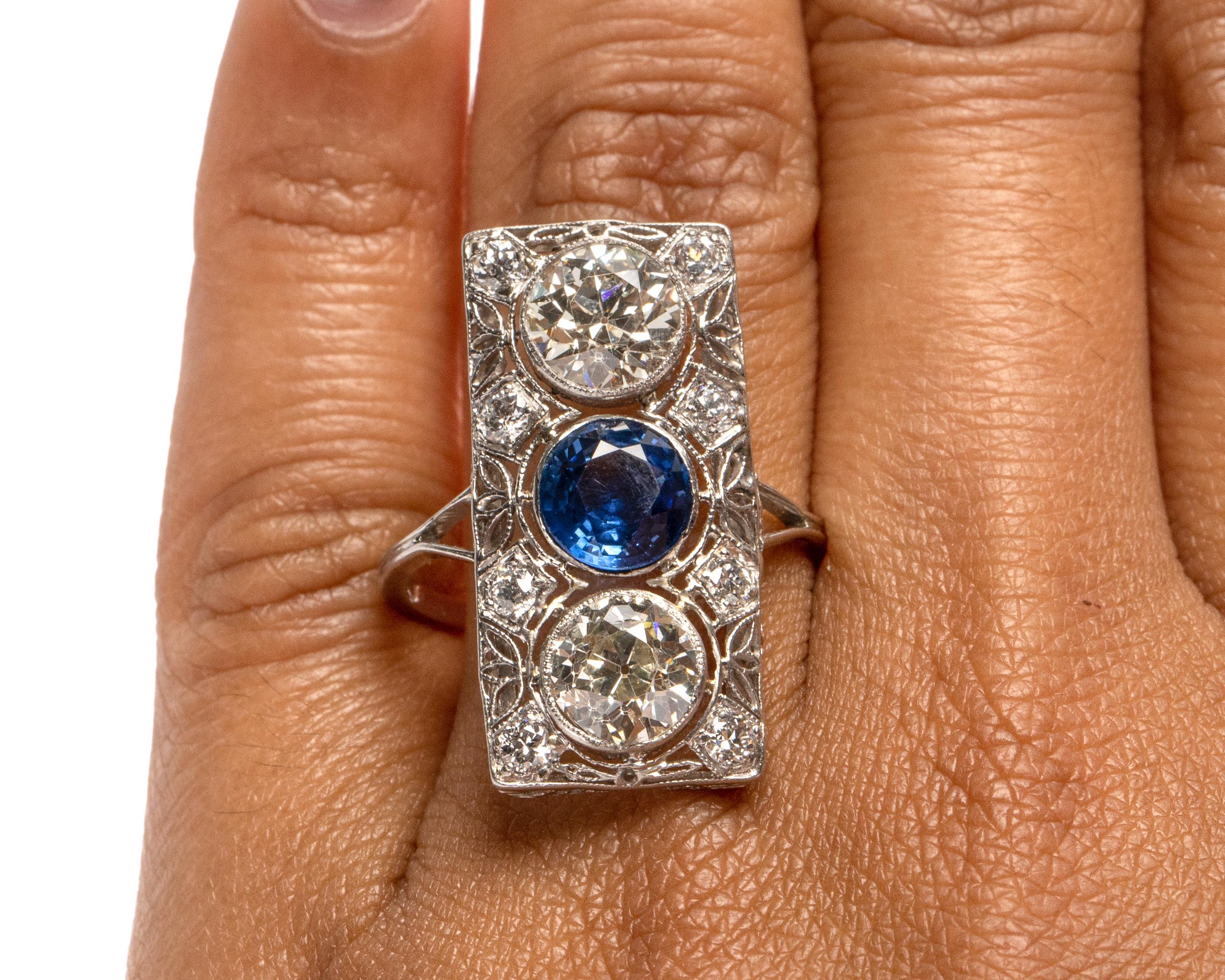 Art Deco 2.76 Carat European Cut Diamond Blue Sapphire Platinum Filigree Ring 2