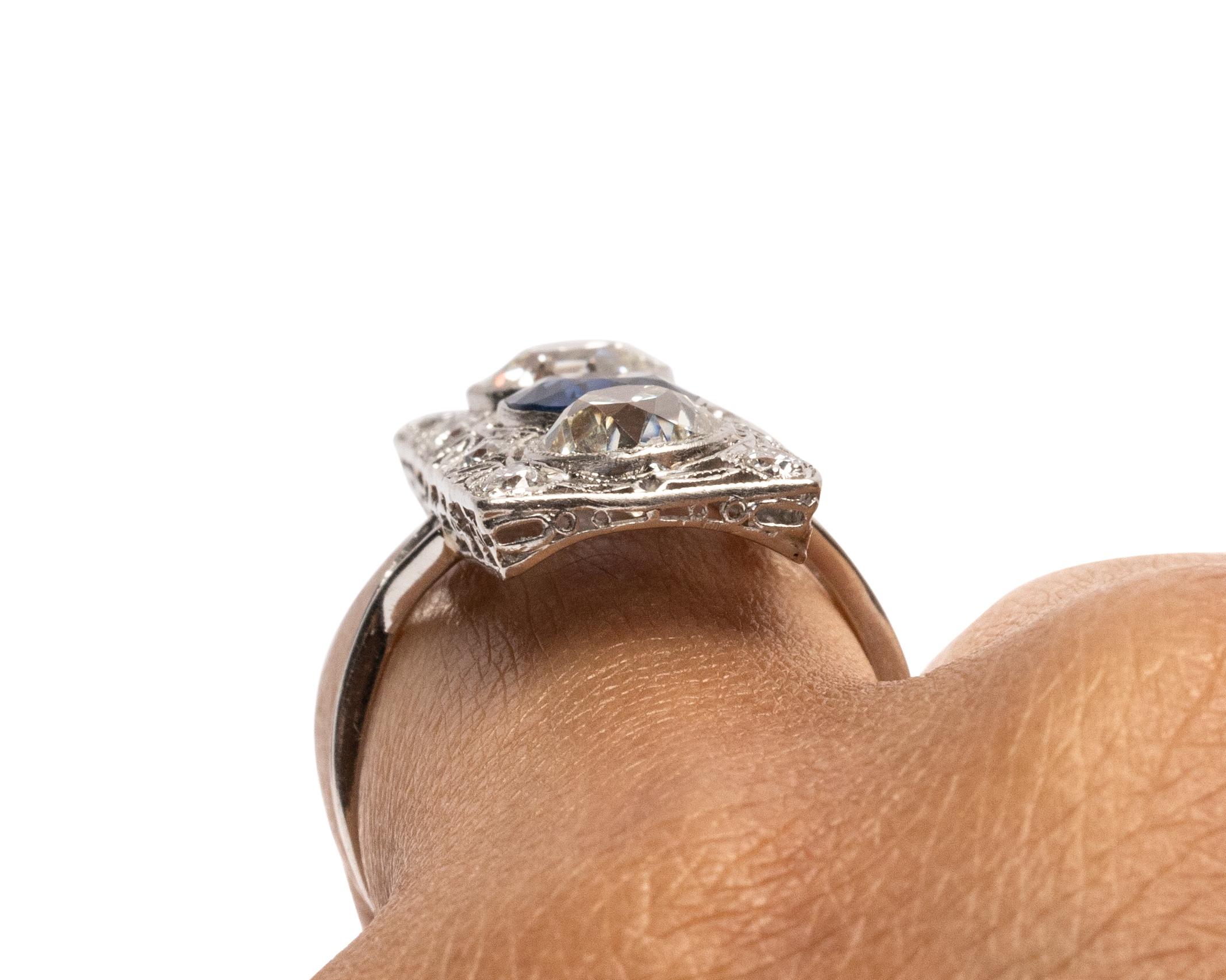 Art Deco 2.76 Carat European Cut Diamond Blue Sapphire Platinum Filigree Ring 3
