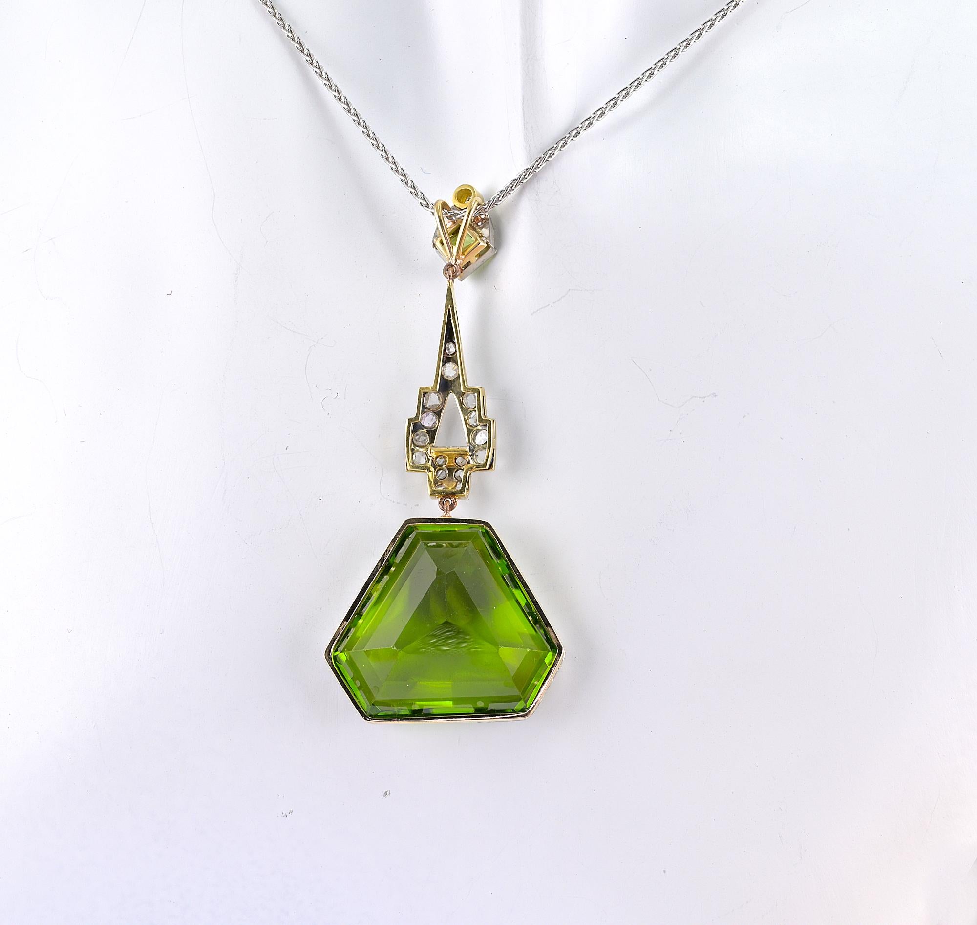 Women's Art Deco 27.60 Ct Natural Peridot Diamond 18 KT Platinum Pendant For Sale