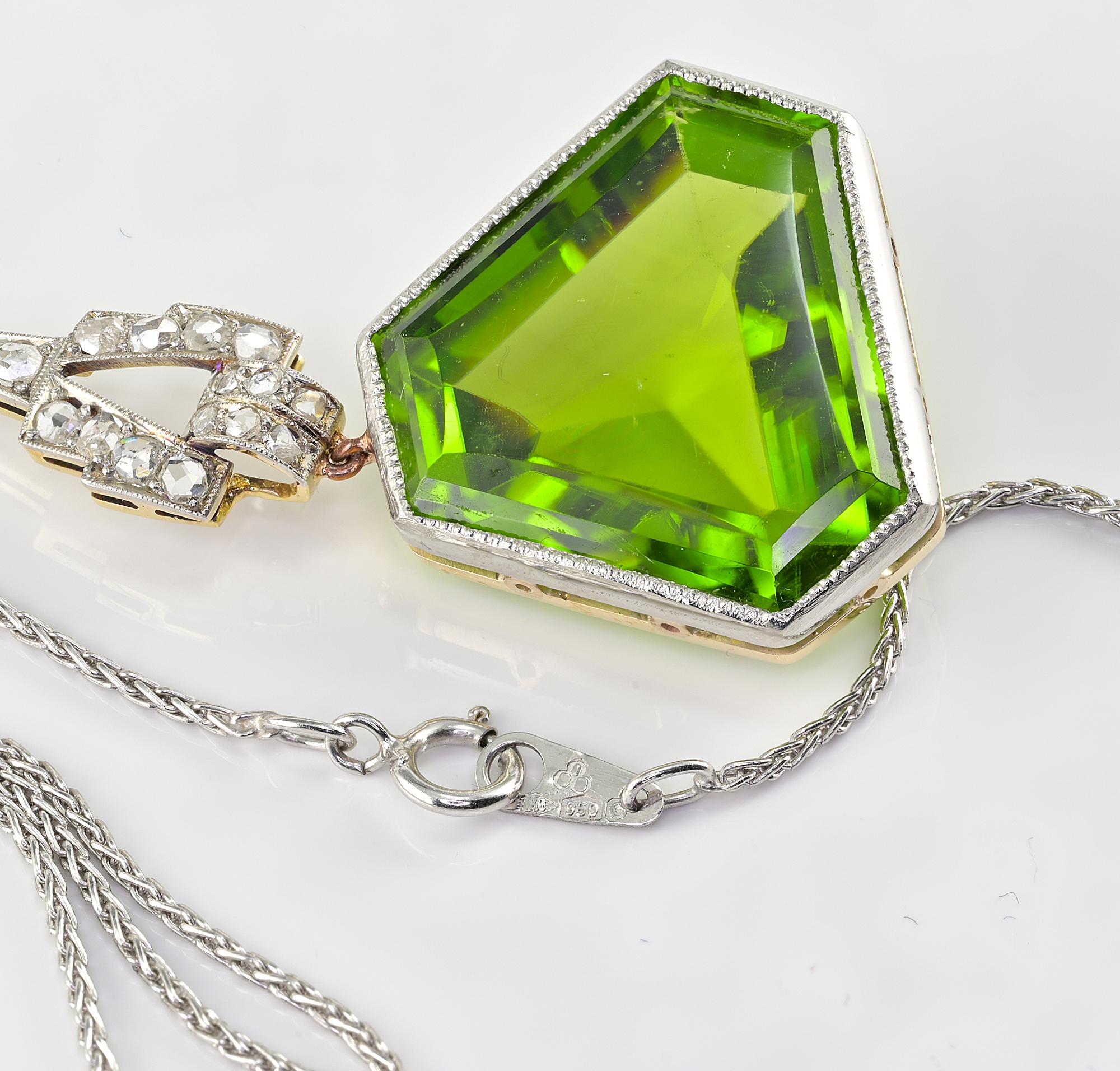 Art Deco 27.60 Ct Natural Peridot Diamond 18 KT Platinum Pendant For Sale 1