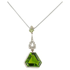 Art Deco 27.60 Ct Natural Peridot Diamond 18 KT Platinum Pendant