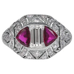 Art Deco 2.76ctw GIA I-VS1 Carre Emerald Cut Diamond and Ruby Platinum Ring