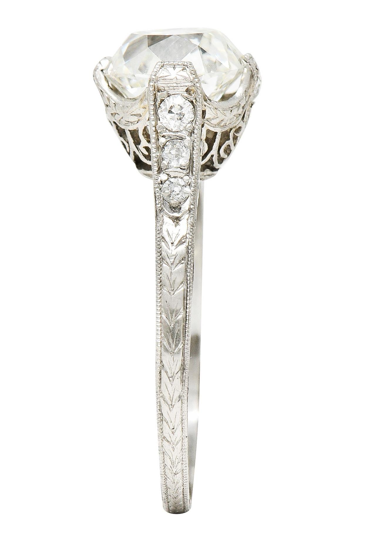 Art Deco 2.78 Carats Old Mine Diamond Platinum Filigree Engagement Ring GIA For Sale 4