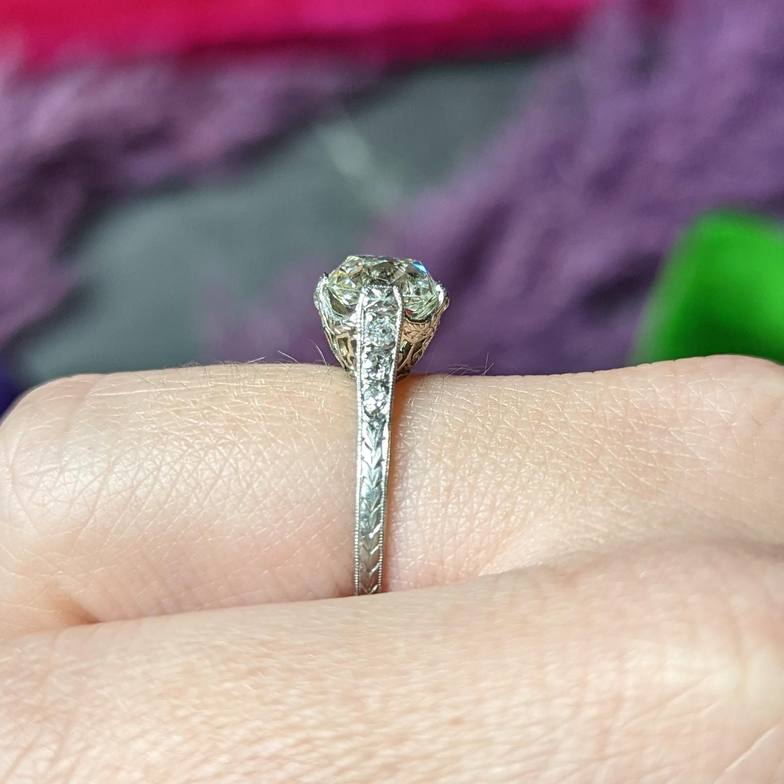 Art Deco 2.78 Carats Old Mine Diamond Platinum Filigree Engagement Ring GIA For Sale 8
