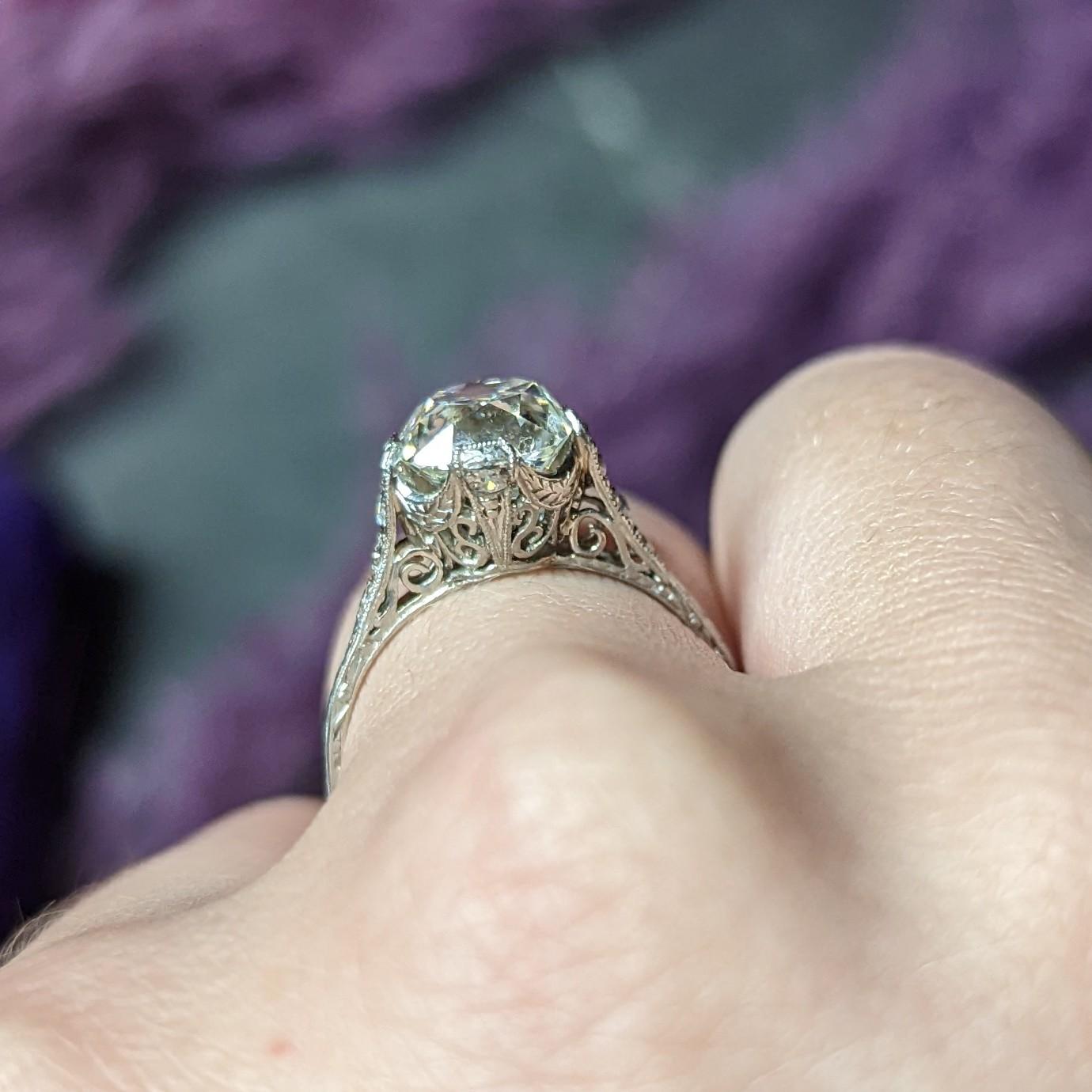 Art Deco 2.78 Carats Old Mine Diamond Platinum Filigree Engagement Ring GIA For Sale 9
