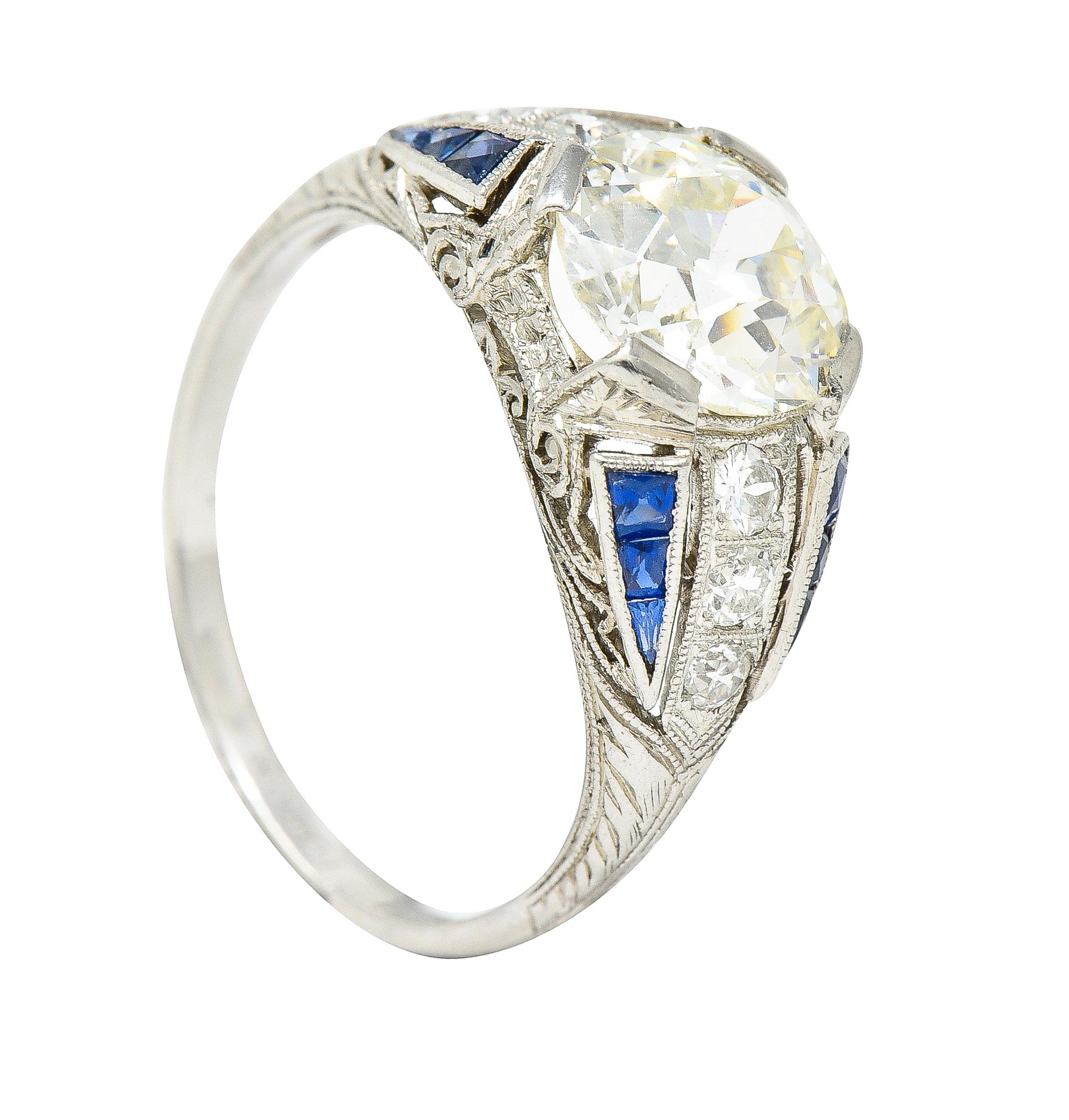 Art Deco 2.79 Carats Old European Diamond Sapphire Platinum Engagement Ring 5