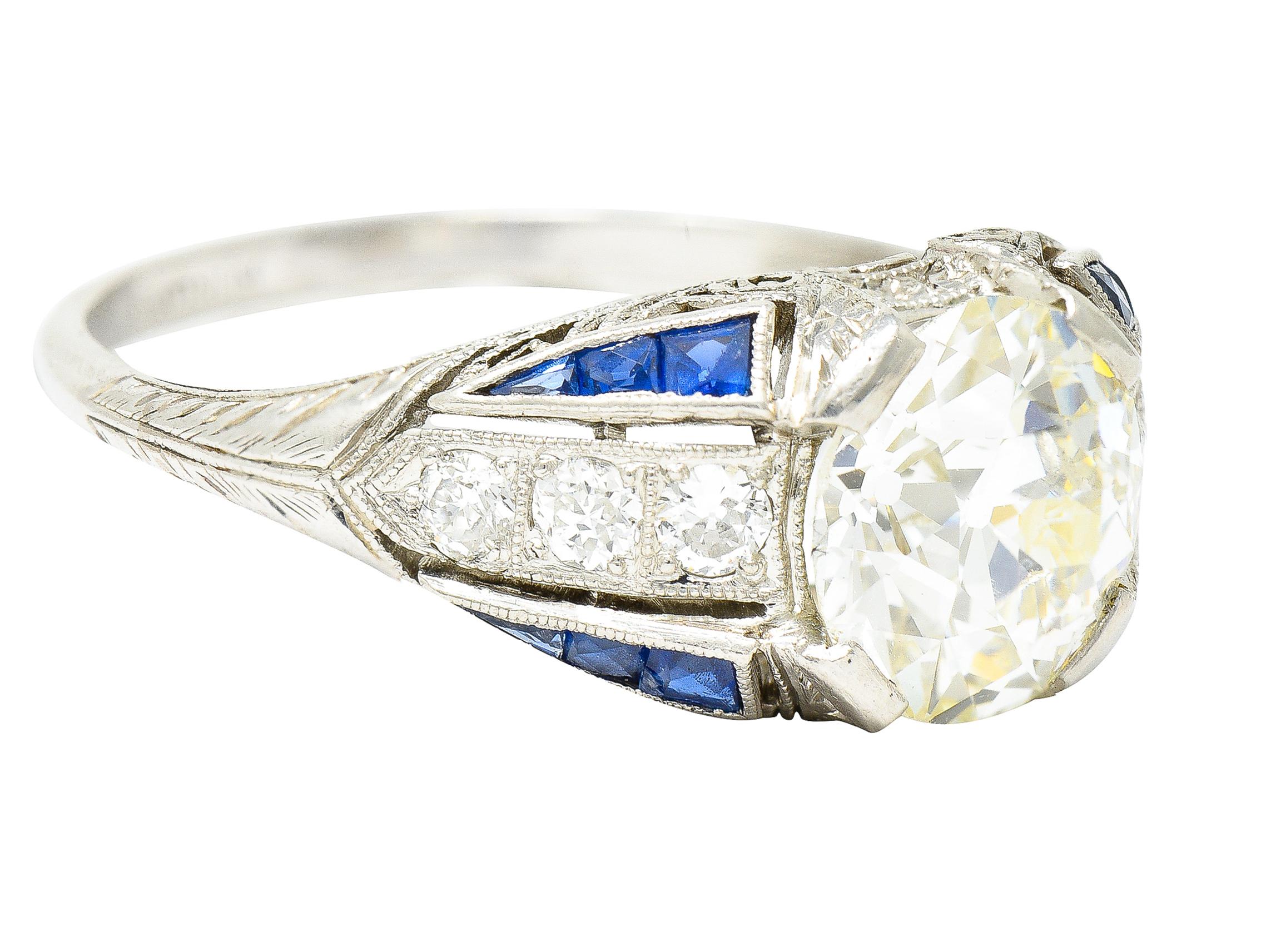 Brilliant Cut Art Deco 2.79 Carats Old European Diamond Sapphire Platinum Engagement Ring