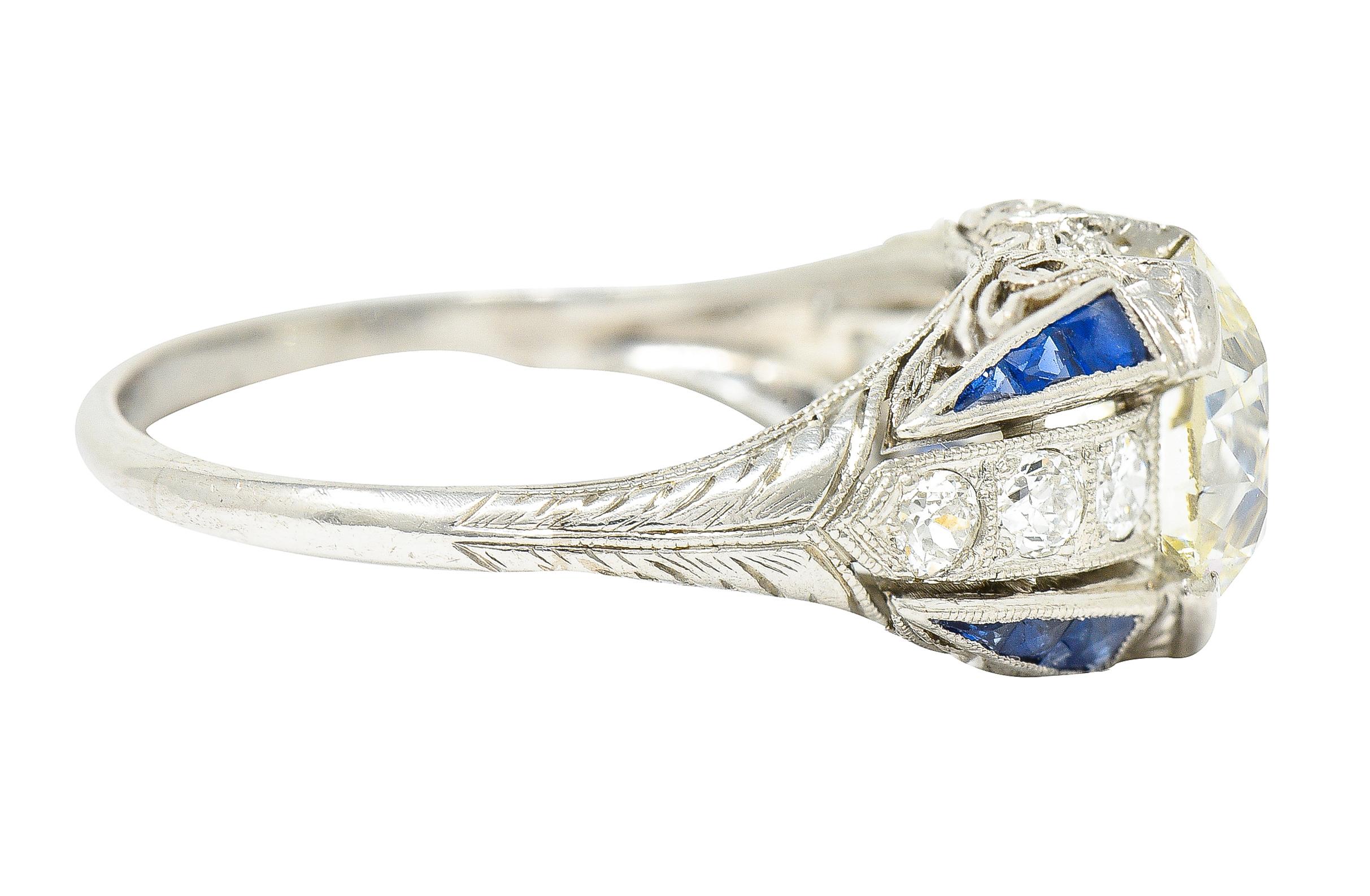 Art Deco 2.79 Carats Old European Diamond Sapphire Platinum Engagement Ring In Excellent Condition In Philadelphia, PA
