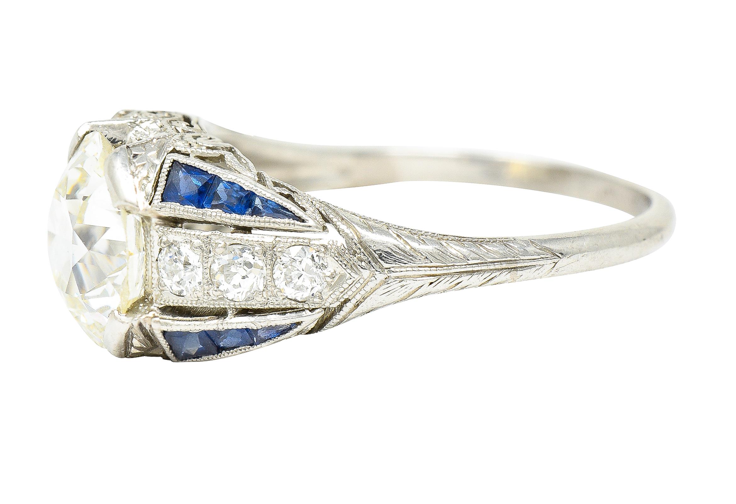Art Deco 2.79 Carats Old European Diamond Sapphire Platinum Engagement Ring 1