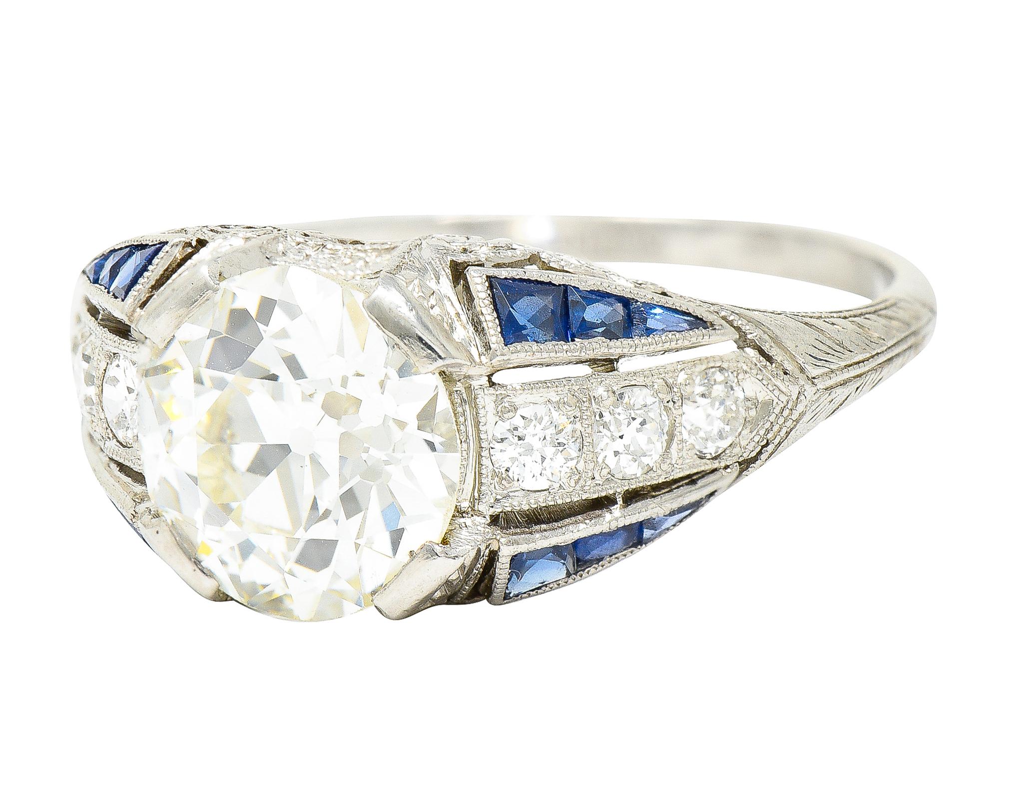 Art Deco 2.79 Carats Old European Diamond Sapphire Platinum Engagement Ring 2