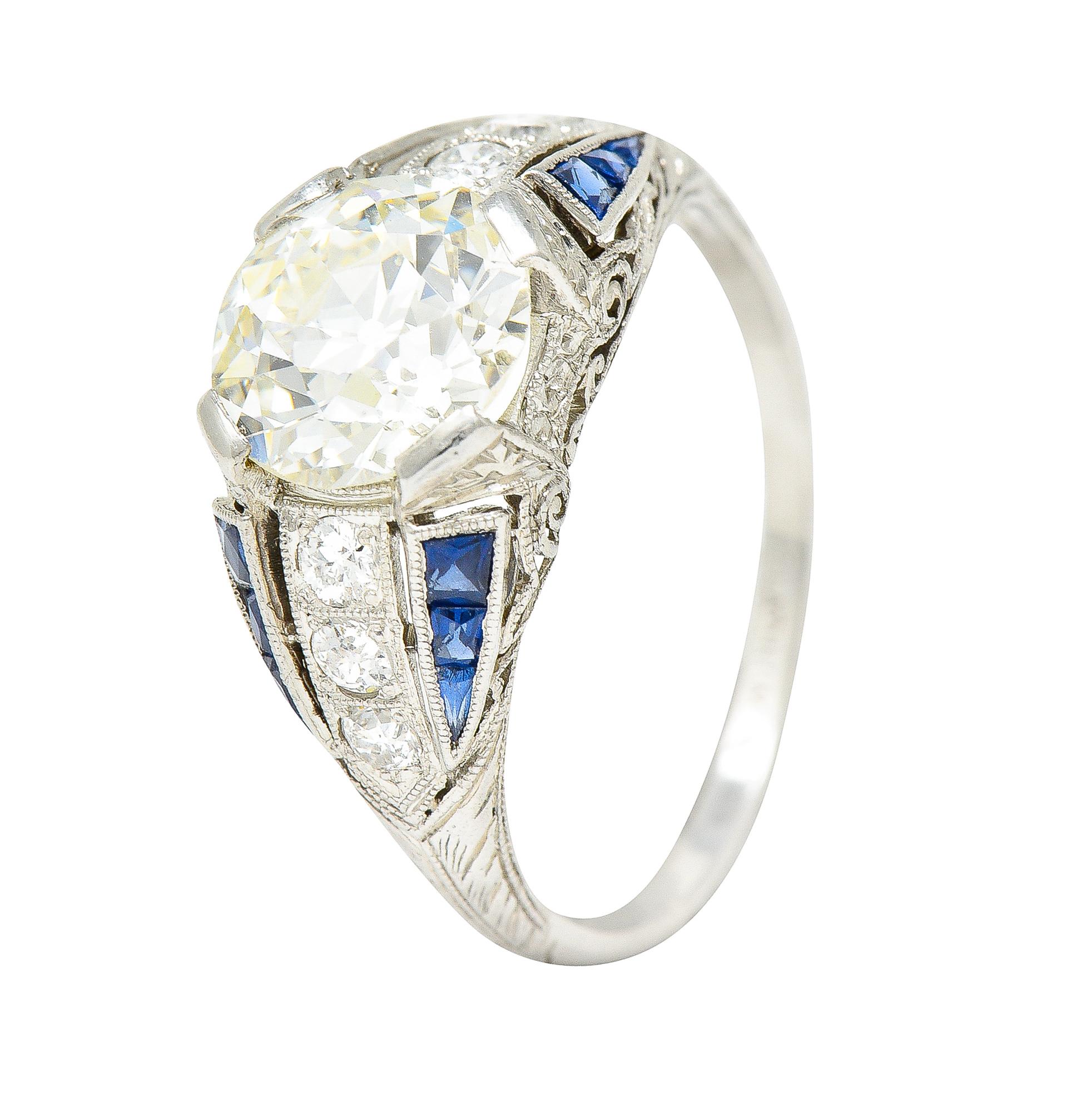 Art Deco 2.79 Carats Old European Diamond Sapphire Platinum Engagement Ring 3