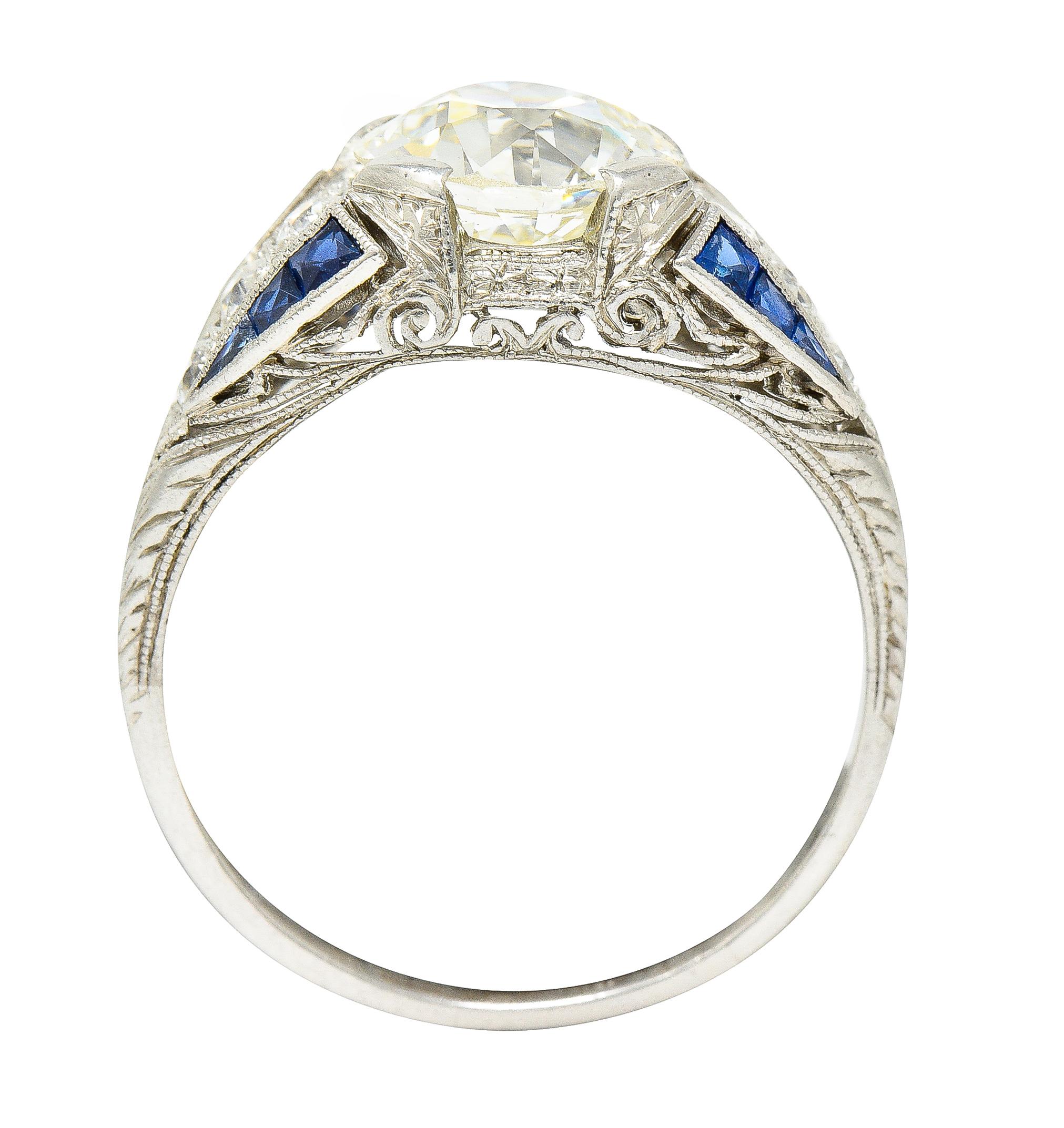 Art Deco 2.79 Carats Old European Diamond Sapphire Platinum Engagement Ring 4