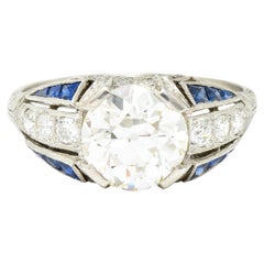 Art Deco 2.79 Carats Old European Diamond Sapphire Platinum Engagement Ring