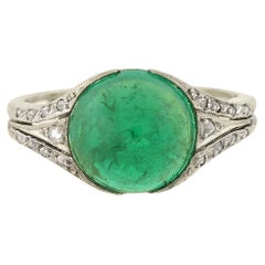 Antique Art Deco 2.80 Carat AGL Certified Columbian Emerald Cabochon and Diamond Ring