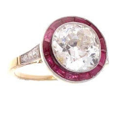 Art Deco 2.80 Carat Old European Cut Diamond Ruby Platinum Engagement Ring