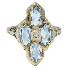 Art Deco 2.80 CTW Aquamarine Diamond 14 Karat White Gold Vintage Navette Ring