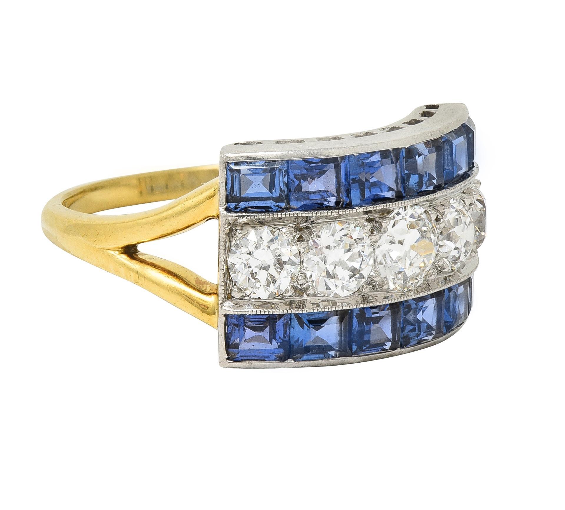 Centering a row of graduated old European cut diamonds
Weighing approximately 1.00 carats total - H color with VS2 clarity
Bead set east to west and flanked north to south by sapphires
Baguette cut and weighing approximately 1.80 carats