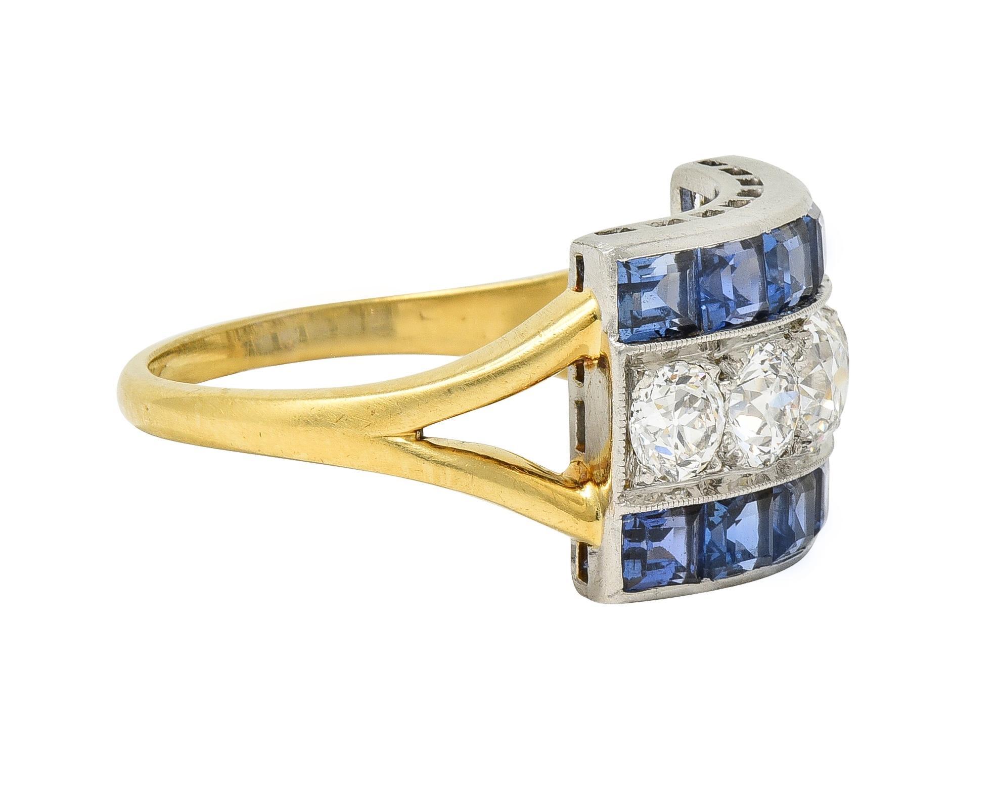 Old European Cut Art Deco 2.80 CTW Diamond Sapphire Platinum 18 Karat Gold Vintage Band Ring For Sale