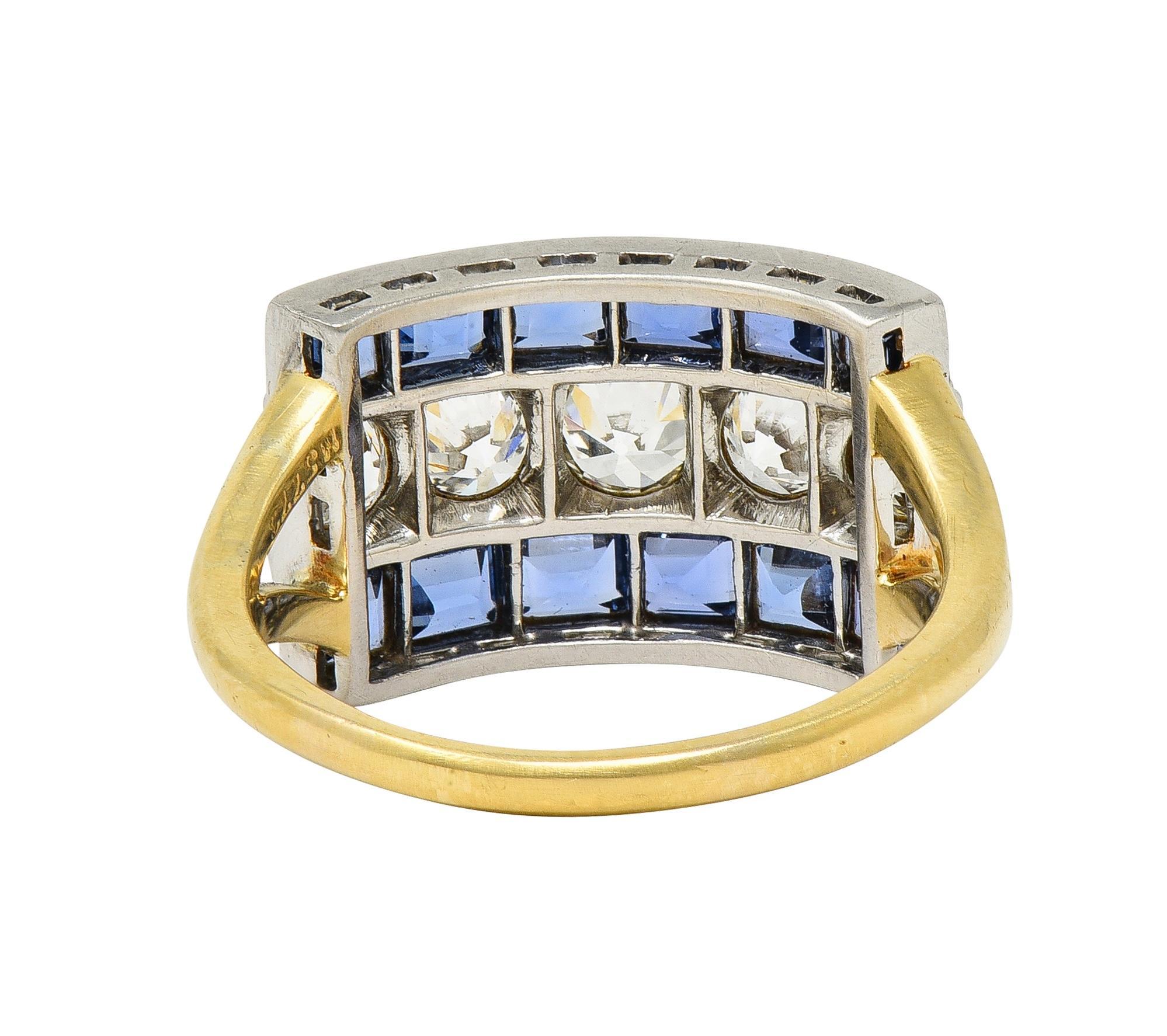 Art Deco 2.80 CTW Diamond Sapphire Platinum 18 Karat Gold Vintage Band Ring In Excellent Condition For Sale In Philadelphia, PA
