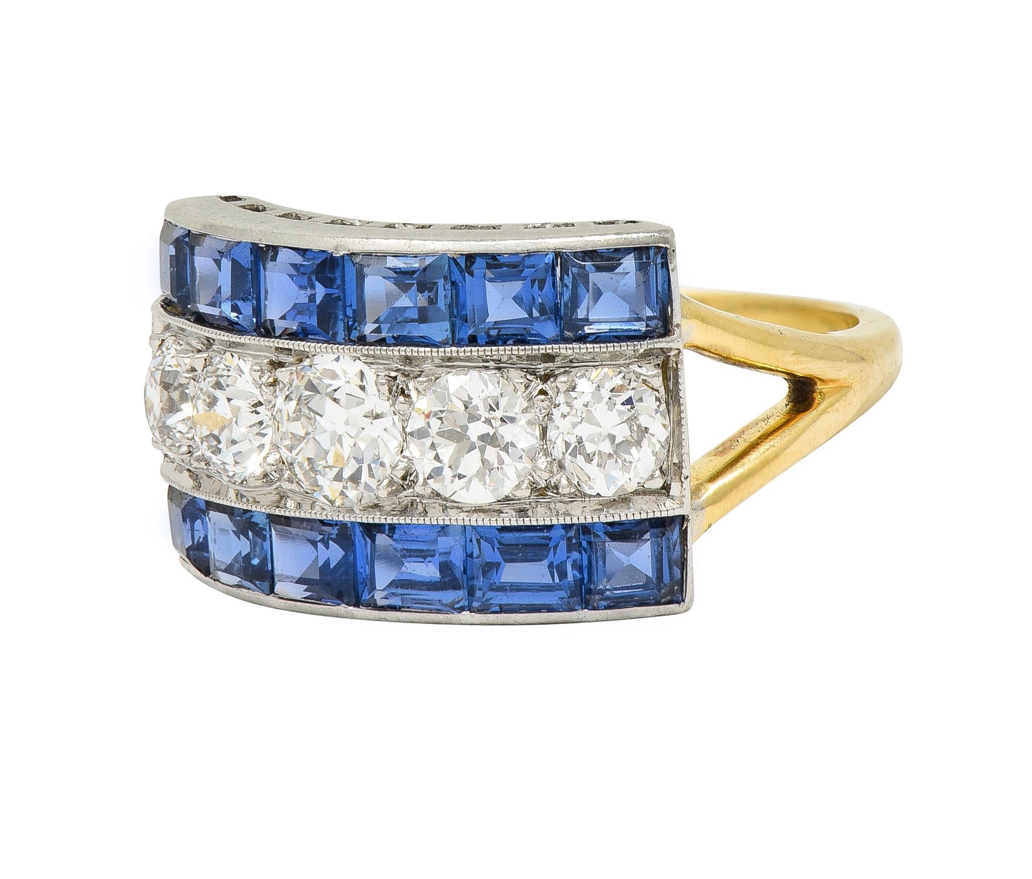 Art Deco 2.80 CTW Diamond Sapphire Platinum 18 Karat Gold Vintage Band Ring For Sale 1