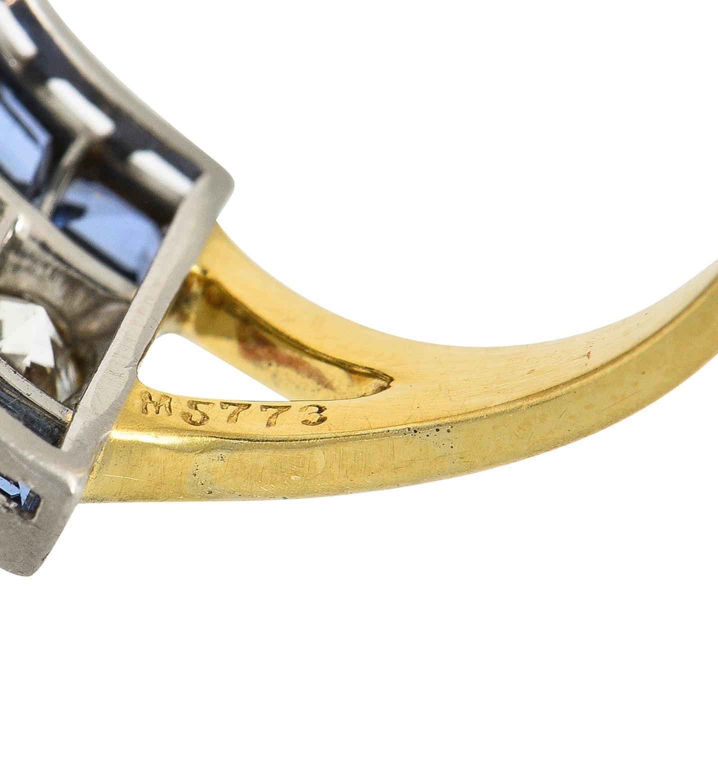 Art Deco 2.80 CTW Diamond Sapphire Platinum 18 Karat Gold Vintage Band Ring For Sale 2