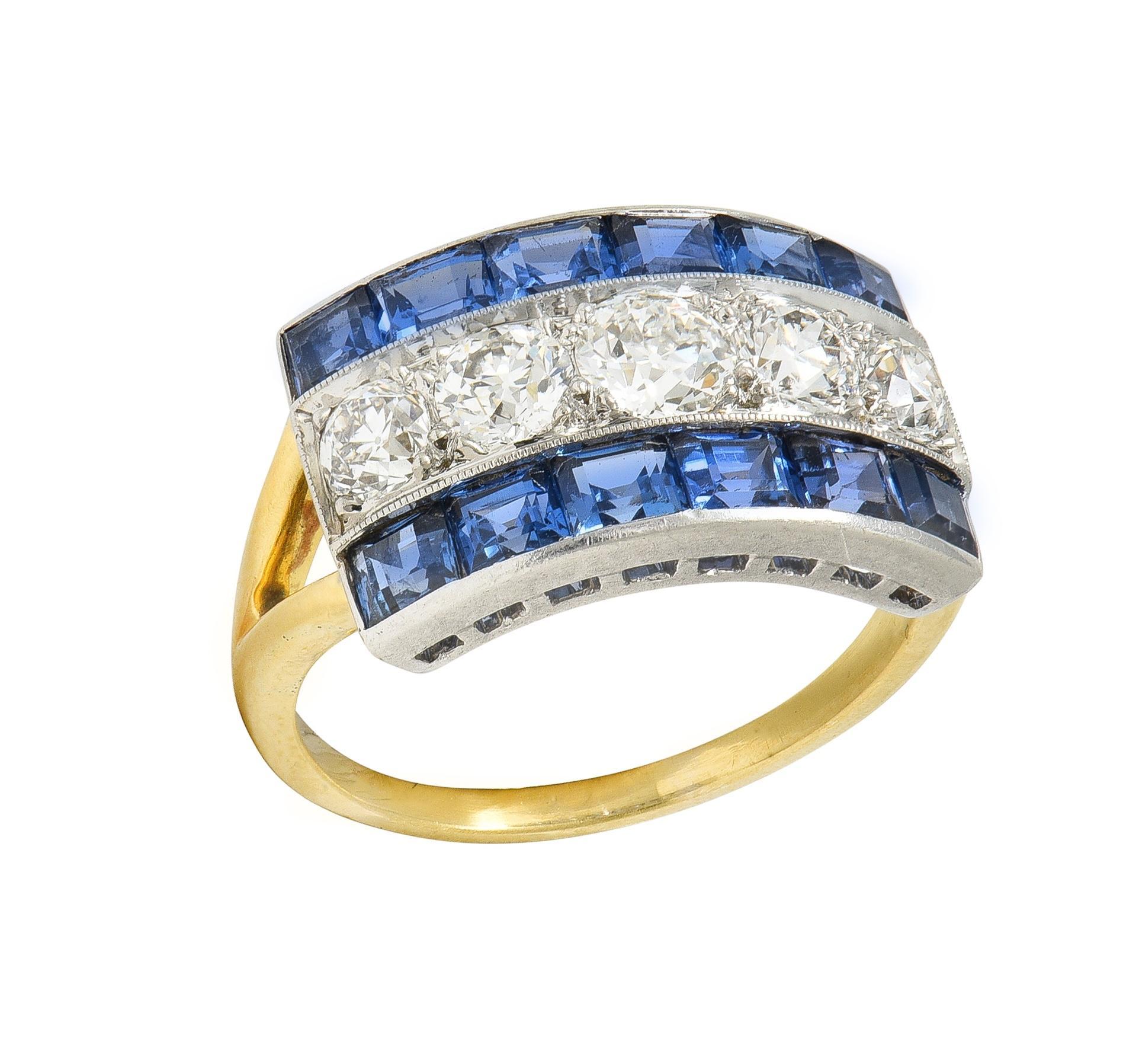Art Deco 2.80 CTW Diamond Sapphire Platinum 18 Karat Gold Vintage Band Ring For Sale 4