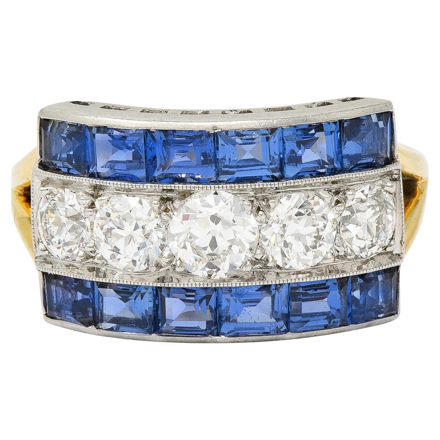 Art Deco 2.80 CTW Diamond Sapphire Platinum 18 Karat Gold Vintage Band Ring For Sale